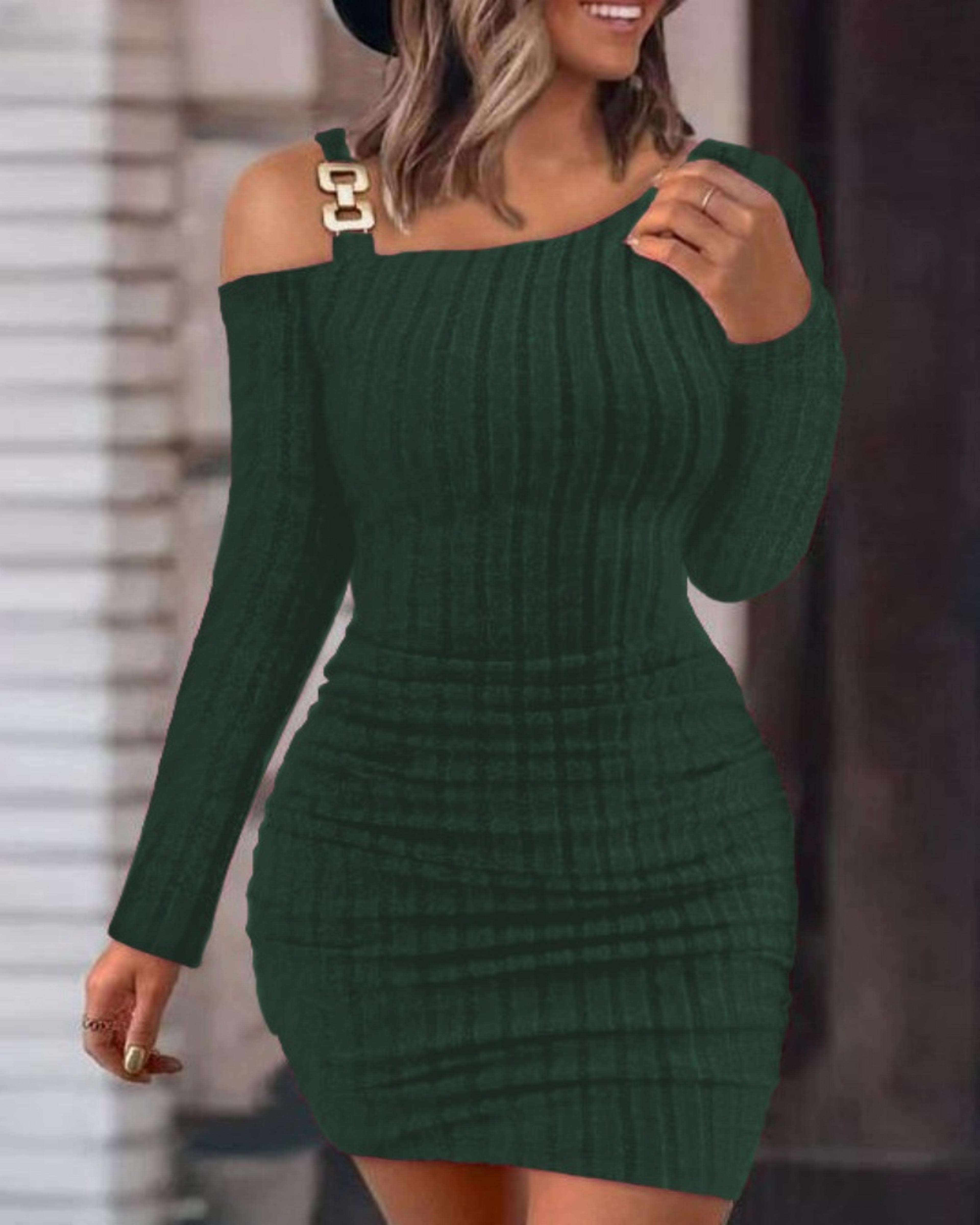 Womens Off Shoulder Bodycon Mini Dress With Long Sleeves And Stretch Knit Fabric 4