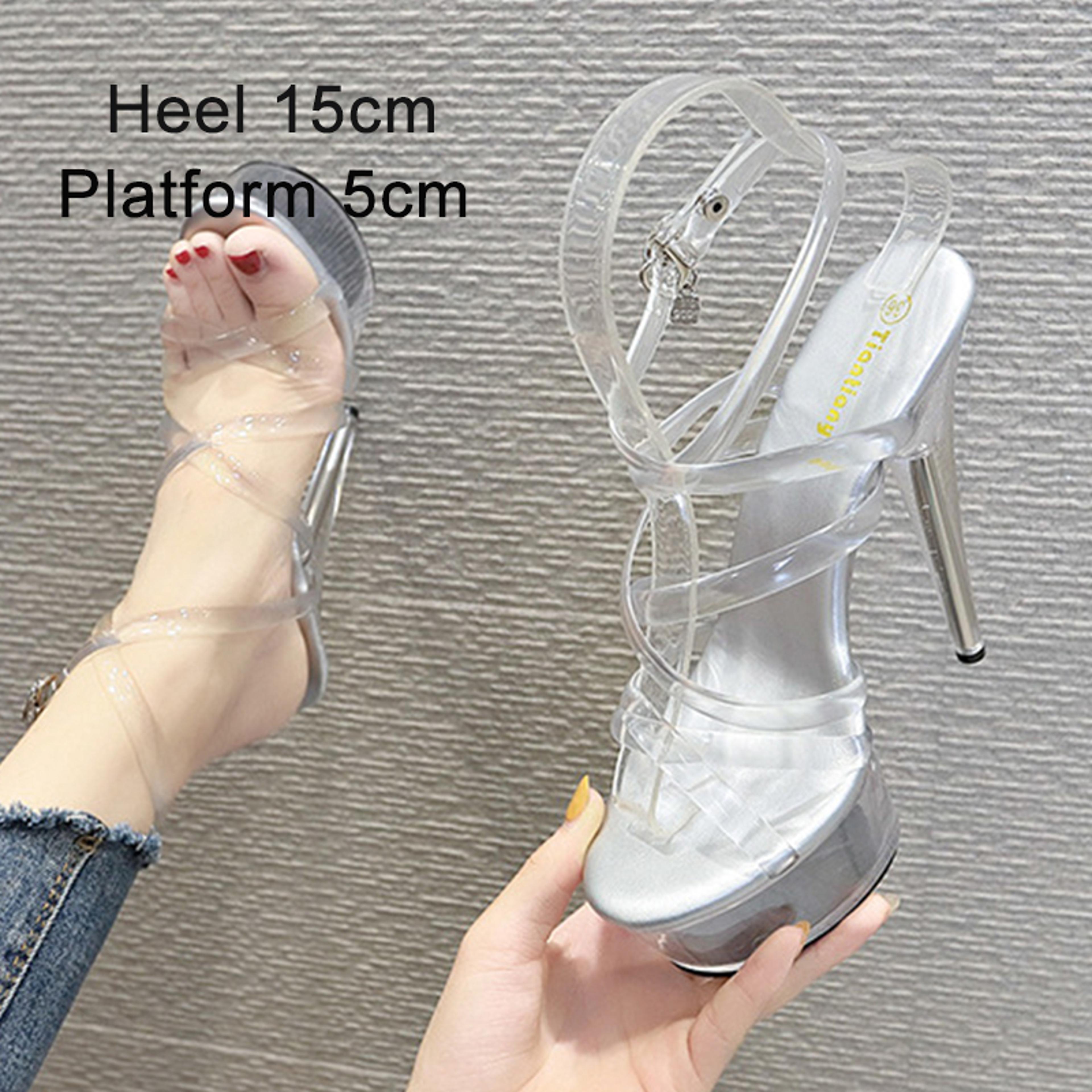 Womens Platform High Heel Sandals With Clear PVC Upper And Buckle Strap 14
