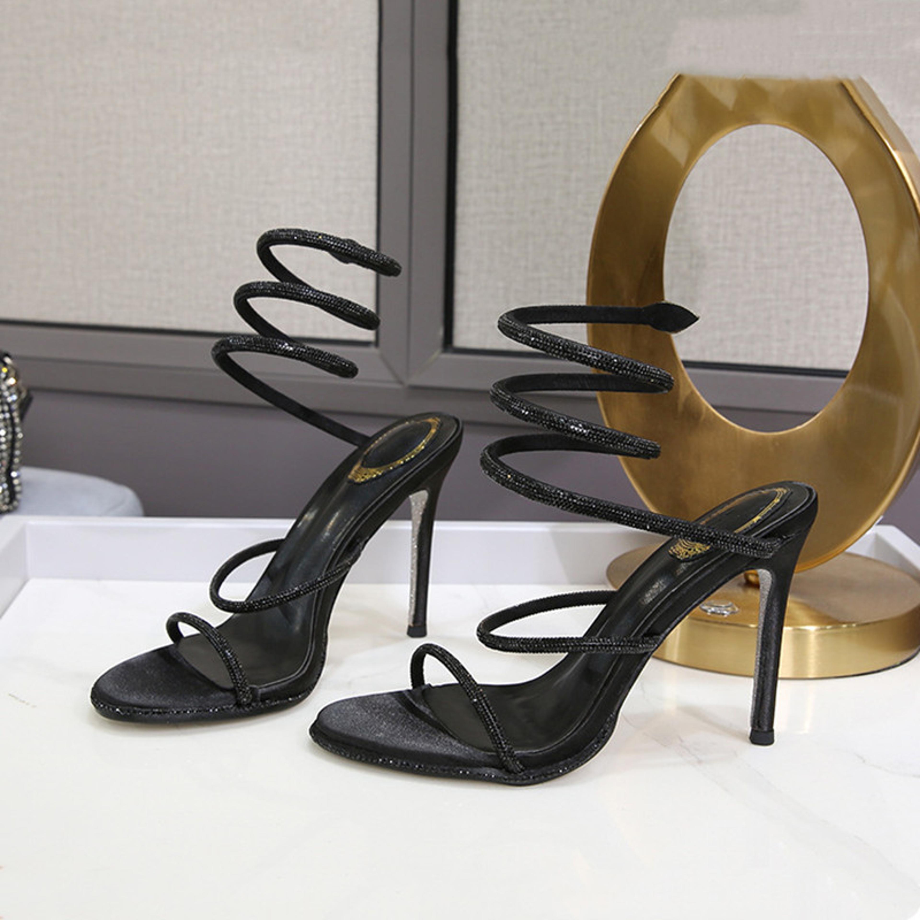 Womens Rhinestone Gladiator Sandals With Thin High Heels And Wraparound Straps 7