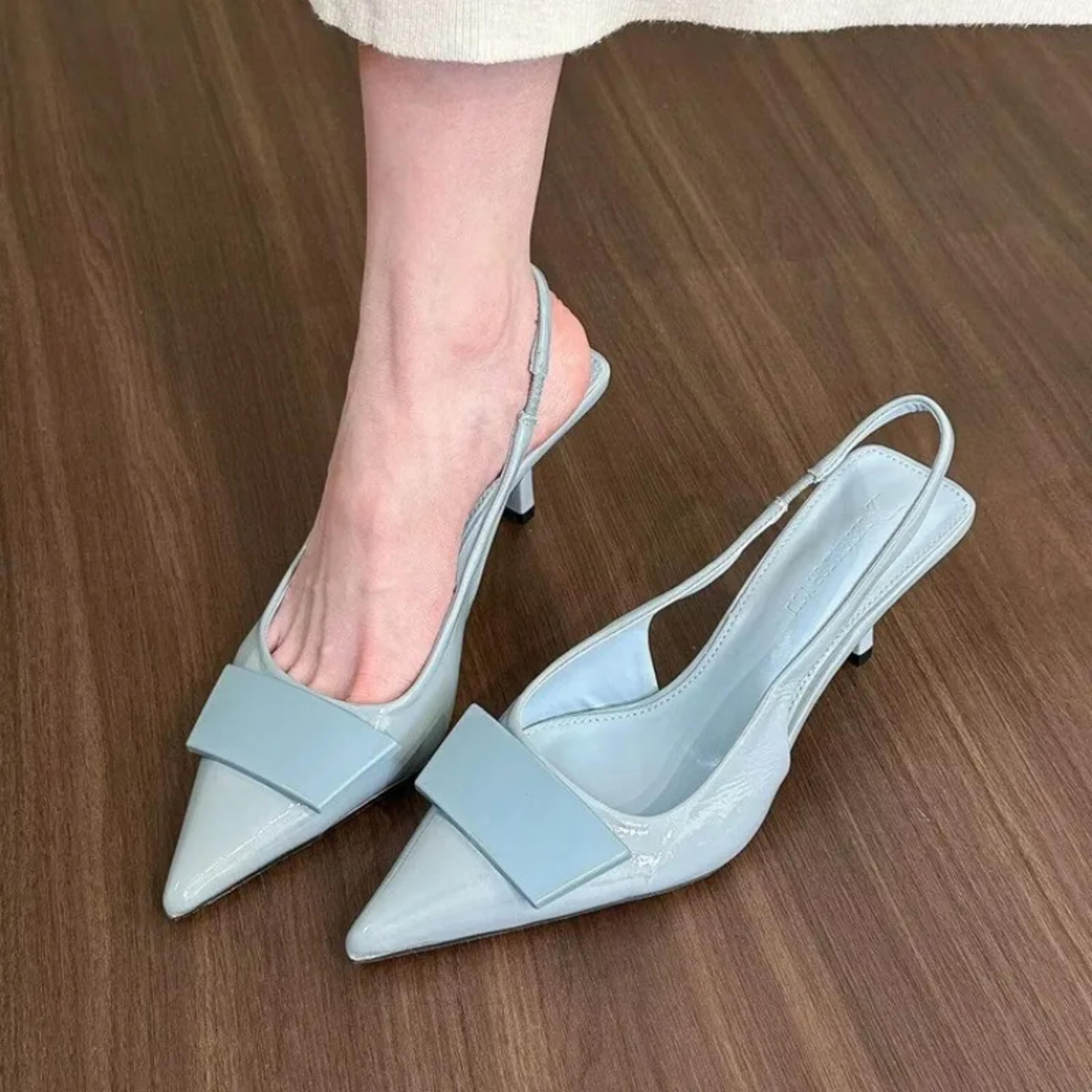 womens pointed toe slingback heels with square buckle and cross strap design