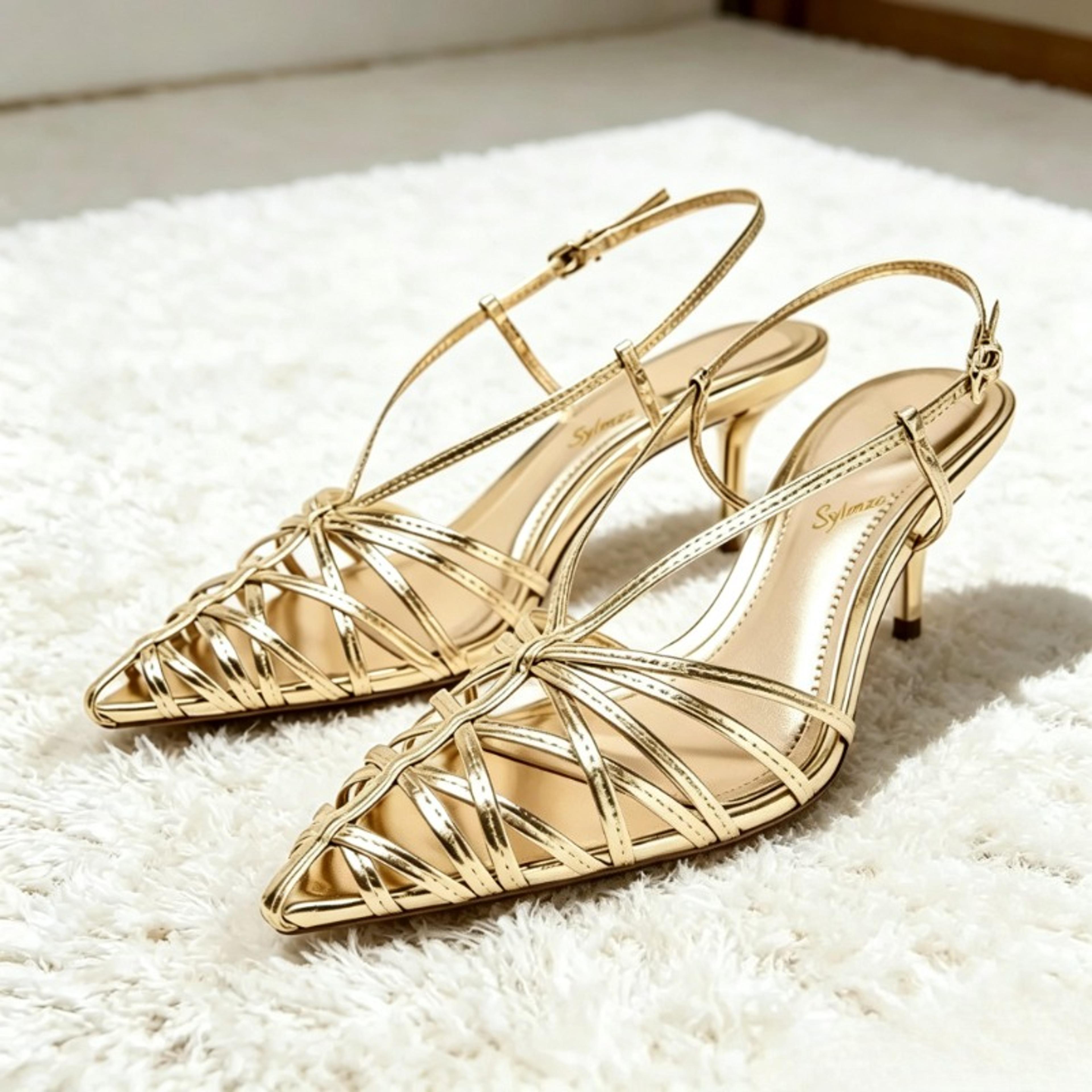 womens gold pointed toe slingback high heels with buckle straps