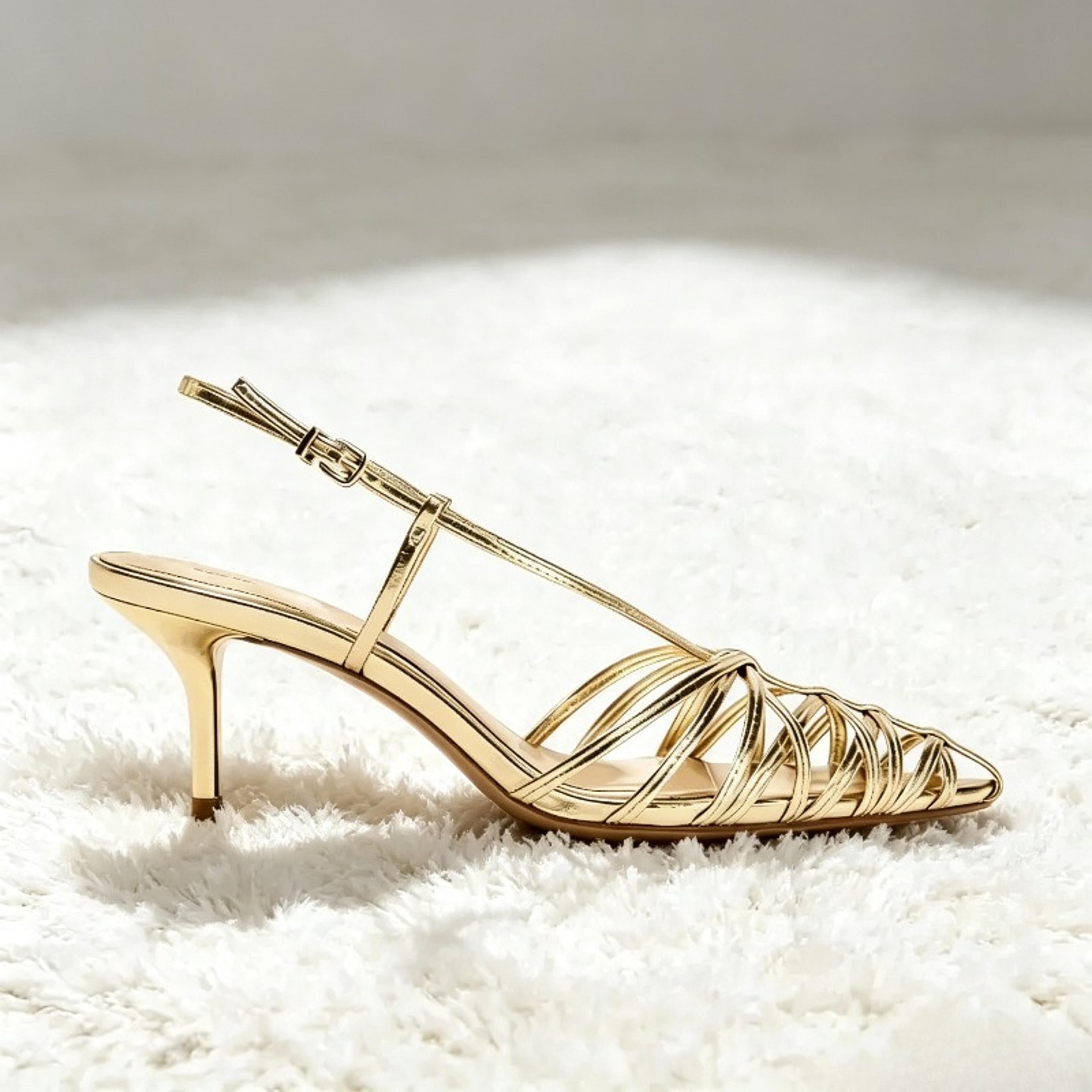 Womens Gold Pointed Toe Slingback High Heels With Buckle Straps 2