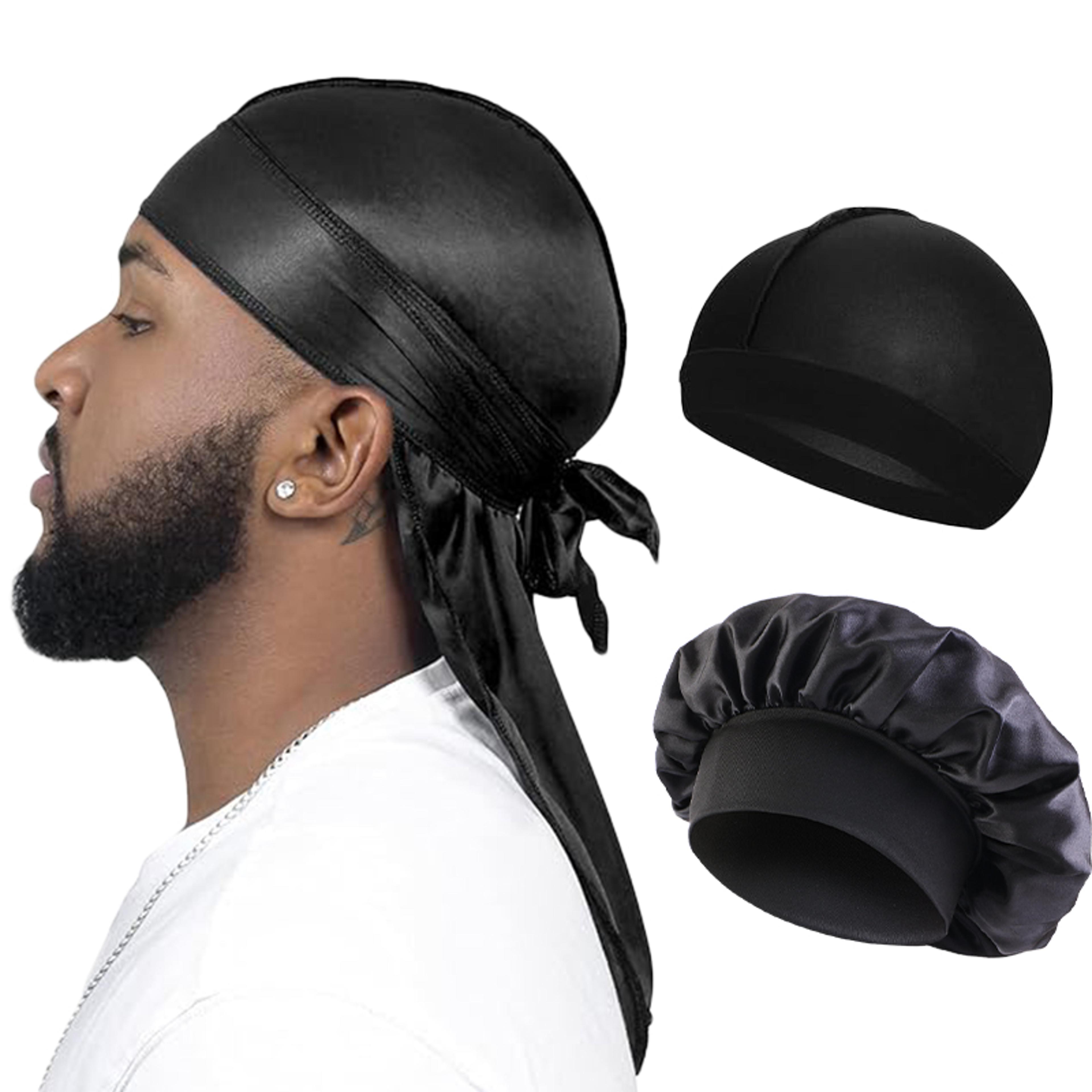 three pack silky satin durag with long tails and elastic band for men and women