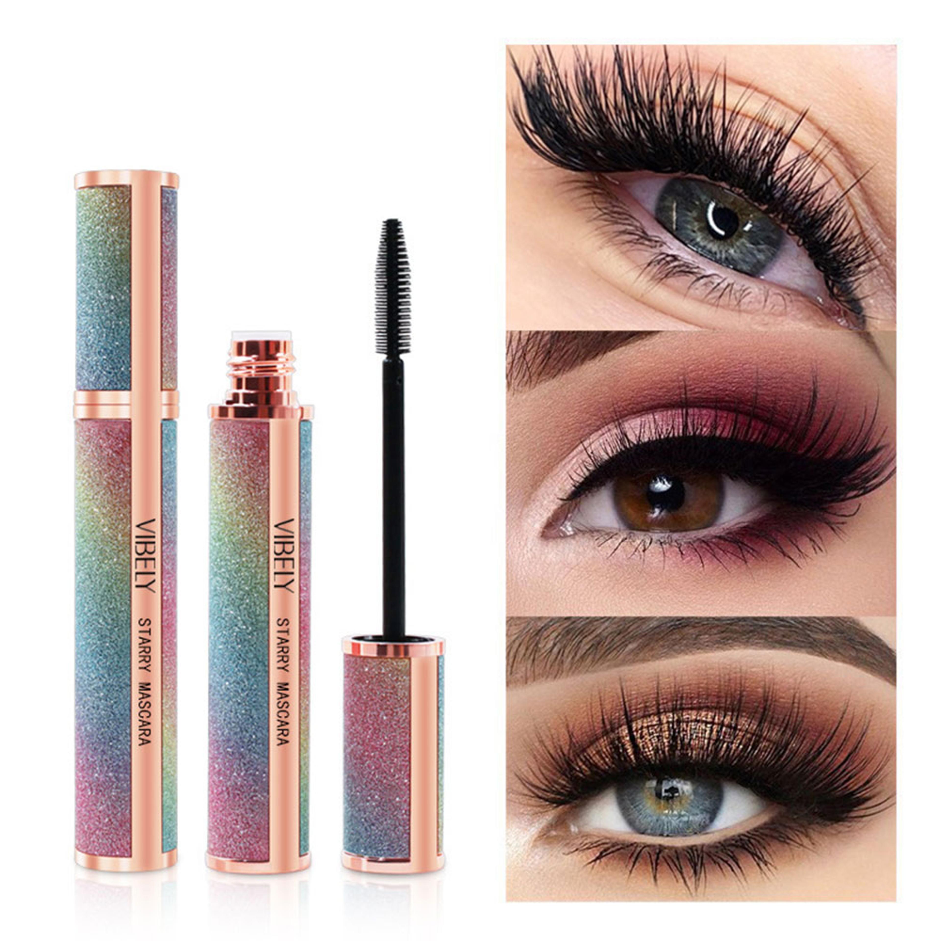 4d brilliant starry sky black mascara, volumizing curling, slim thick brush, waterproof long lasting, non staying lash