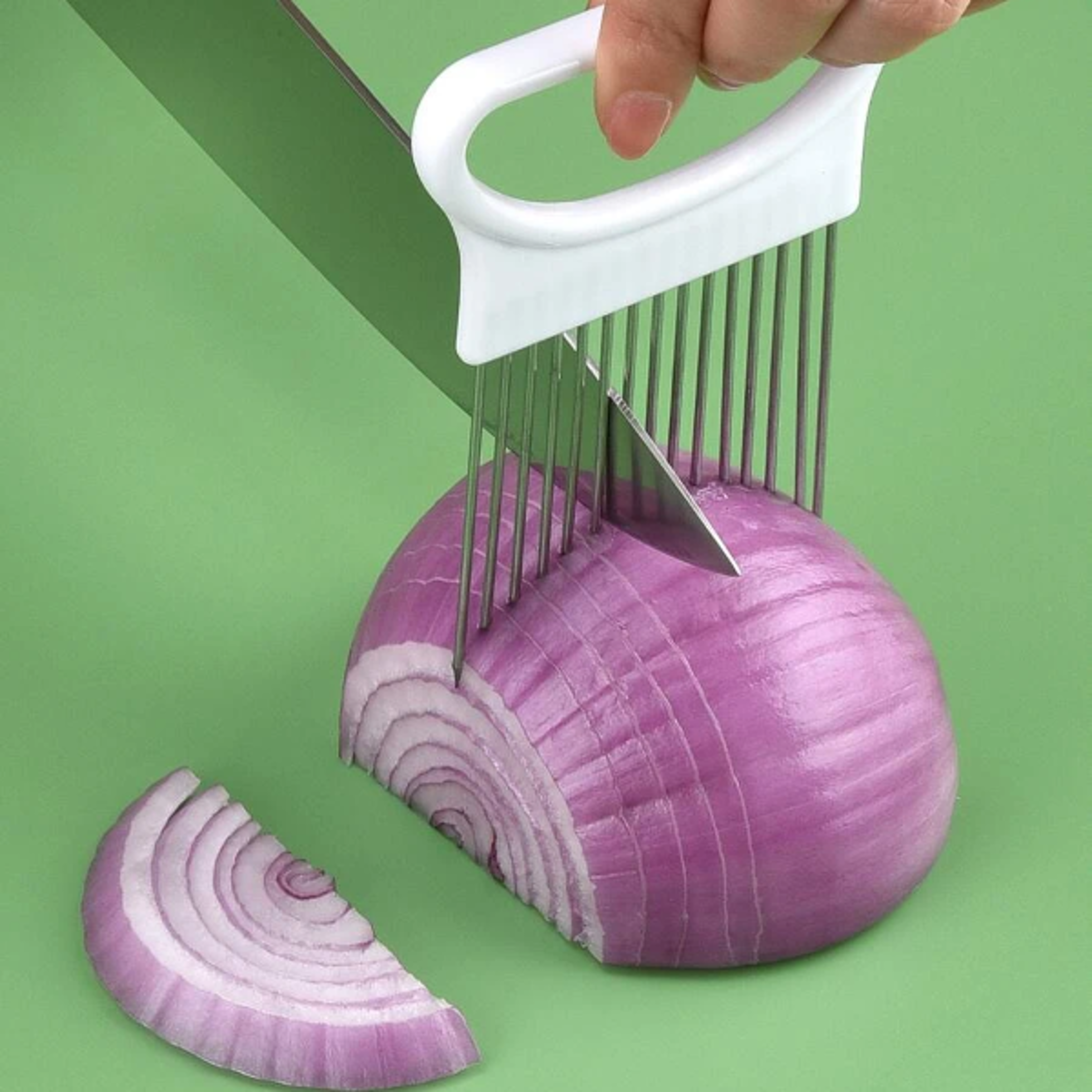stainless steel onion slicer, effortless 1-piece kitchen tool for perfect onion & potato chips