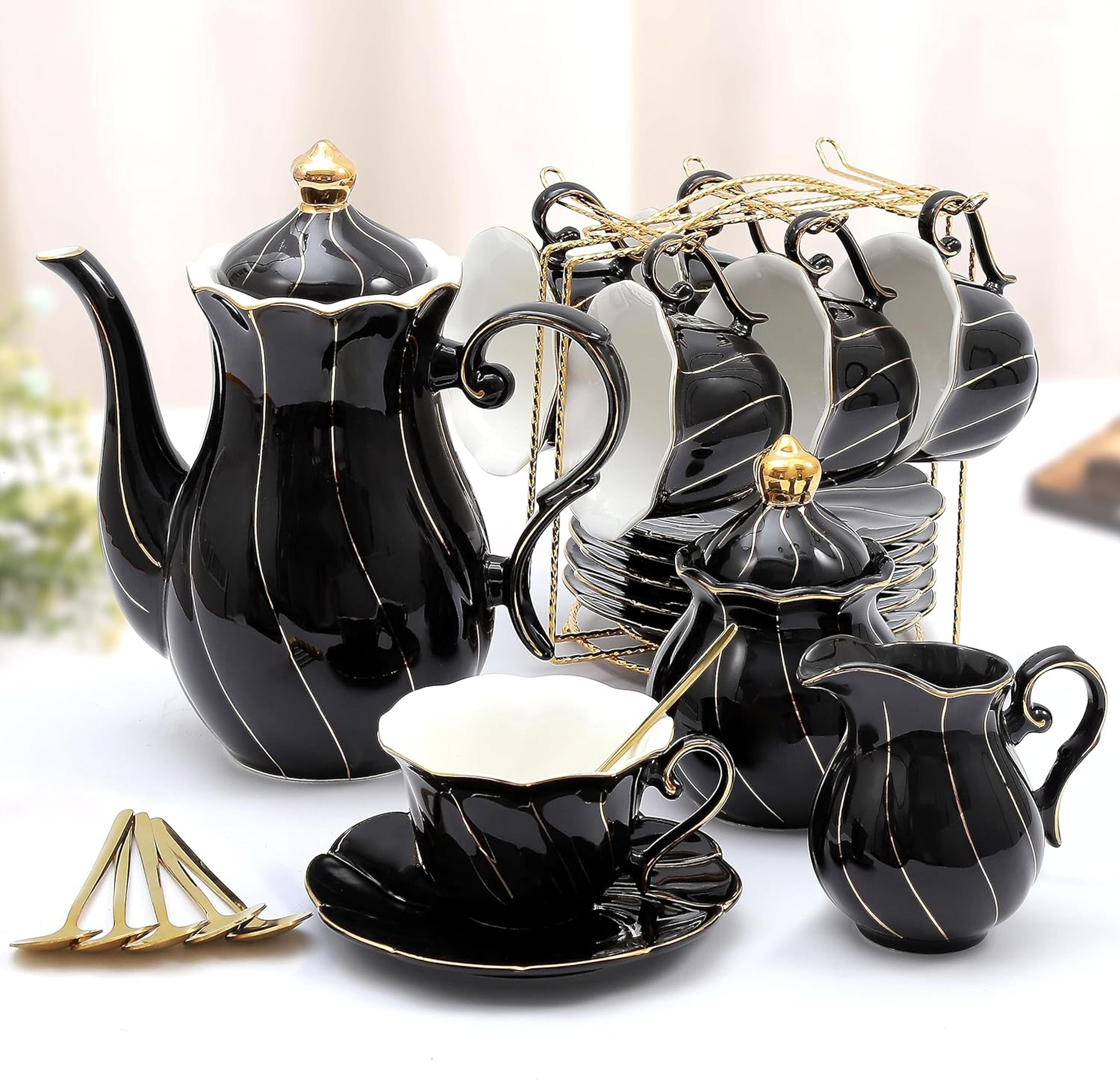 22Piece Porcelain Tea Set For 6  Luxury British Style Tea  Coffee Cups With Golden Trim 9