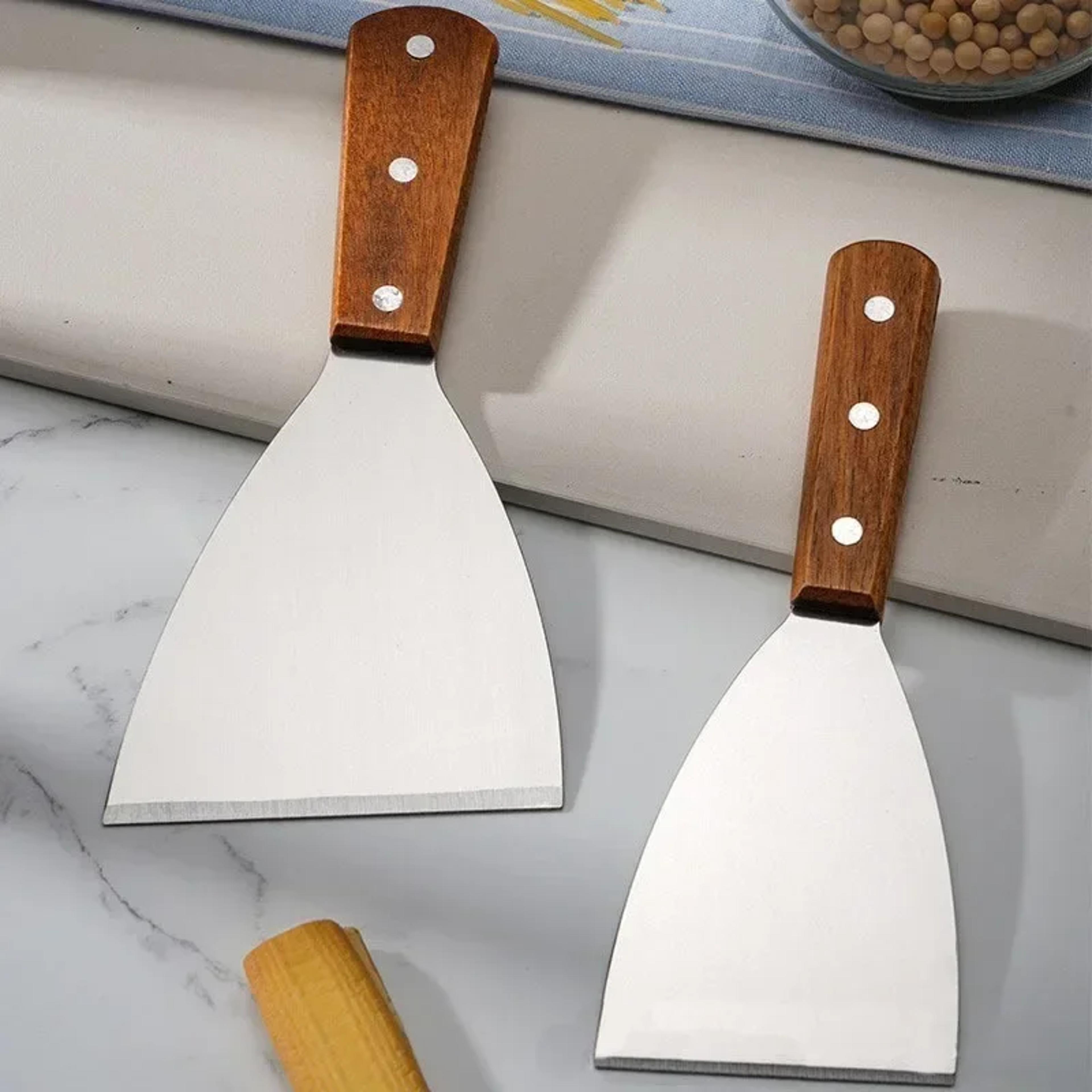 Wooden Handle Stainless Steel Oblique Spatula Steak Scraper Burger  Pizza Shovel Kitchen Cooking To 2