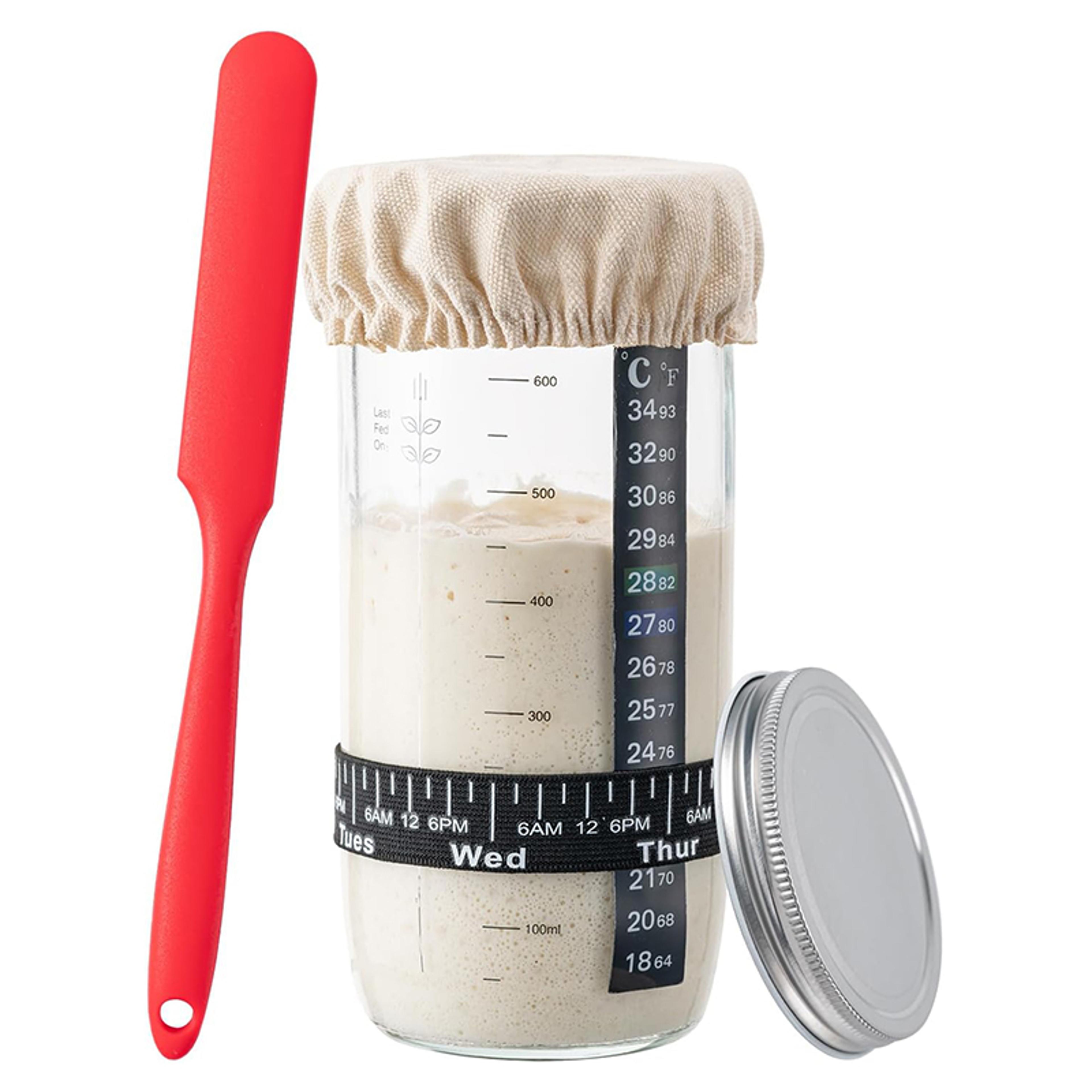 sourdough starter jar kit glass, sourdough bread baking supplie, fermentation kit with date marked feeding band, perfect