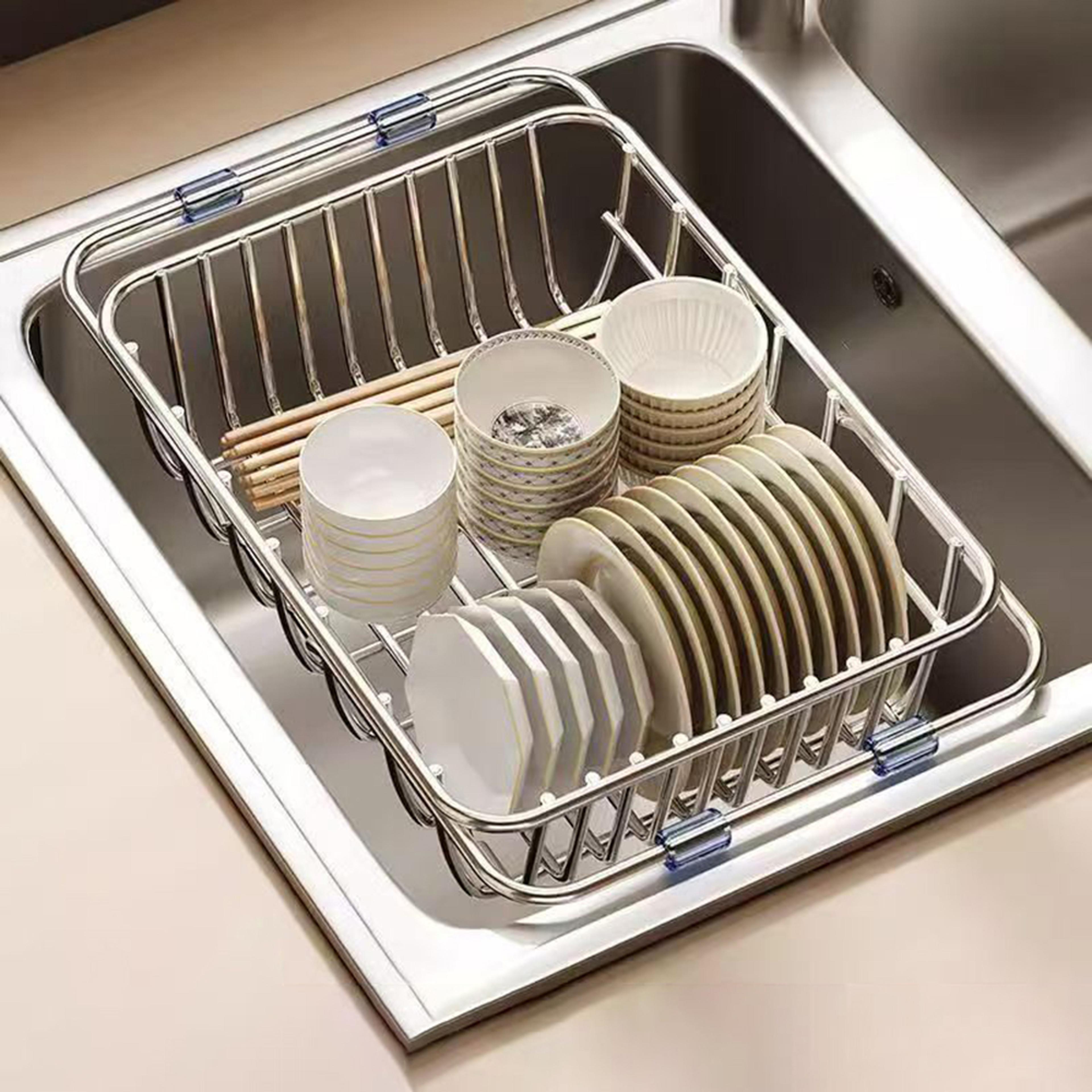 Stainless Steel Telescopic Sink Drain Rack NonSlip Dish Drying Kitchen Bathroom Countertop Organize 3