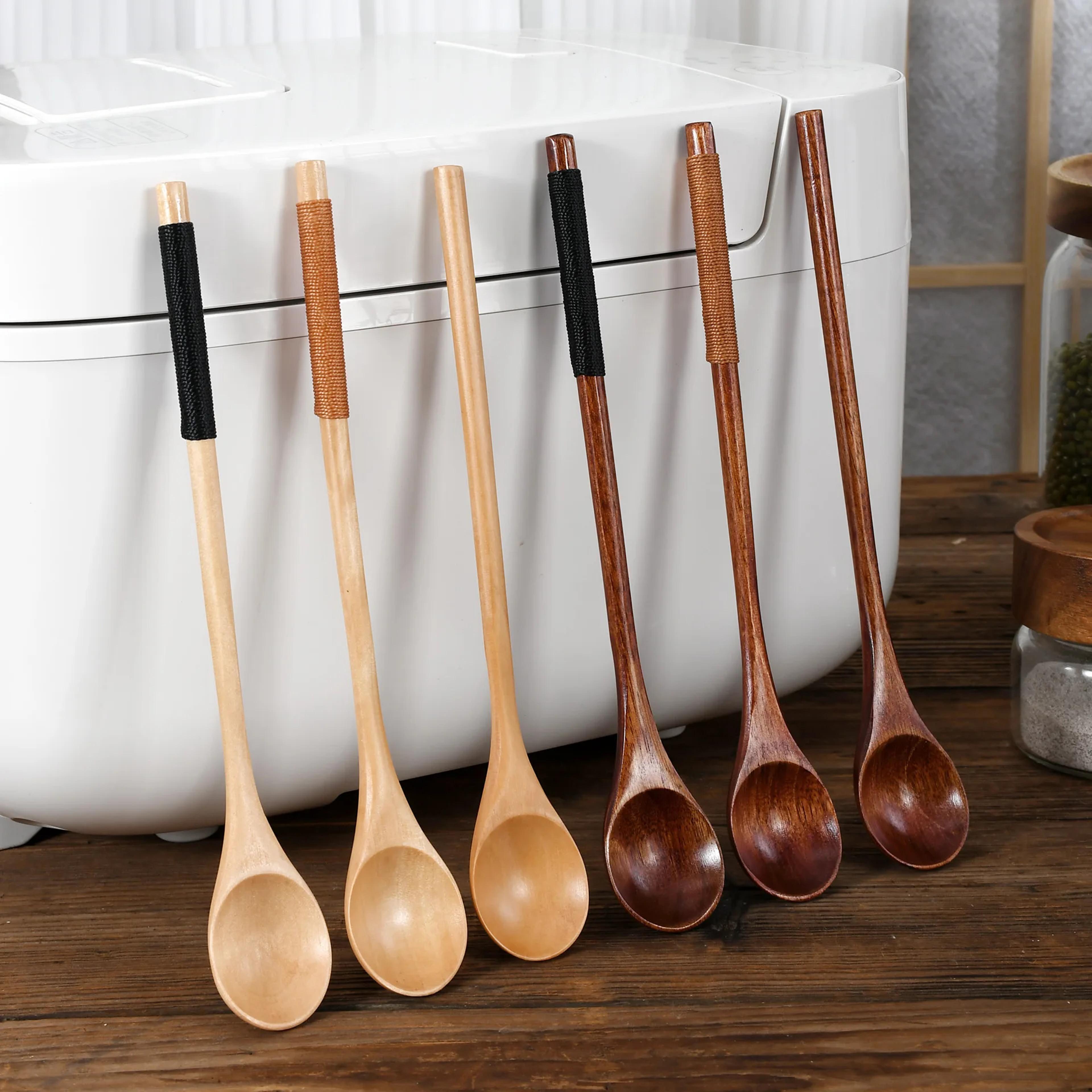 wooden tea spoon set, long coffee spoons, small teaspoon for honey, dessert stirring, elegant tableware