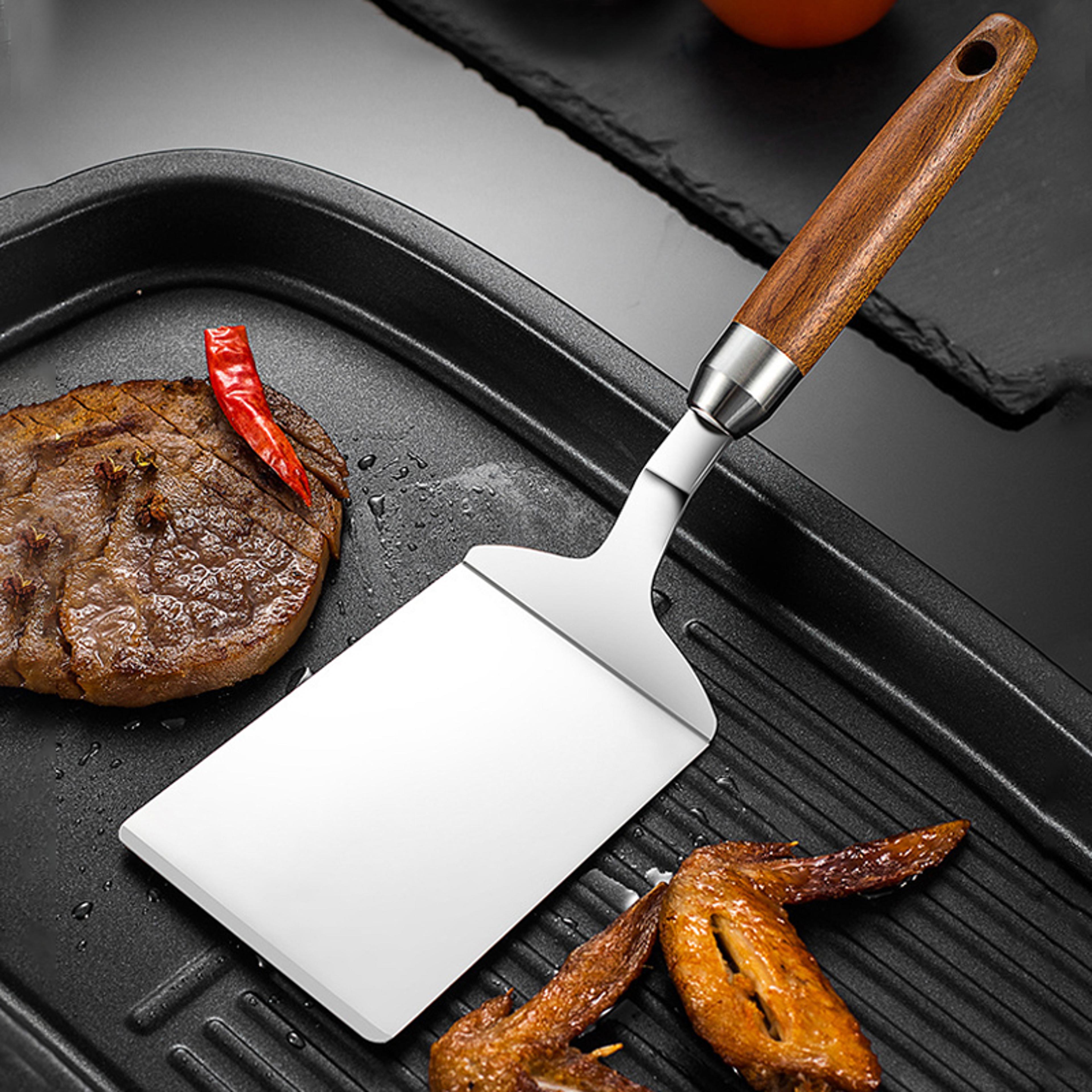premium stainless steel spatula with wooden handle for fish, pancakes & bbq grilling