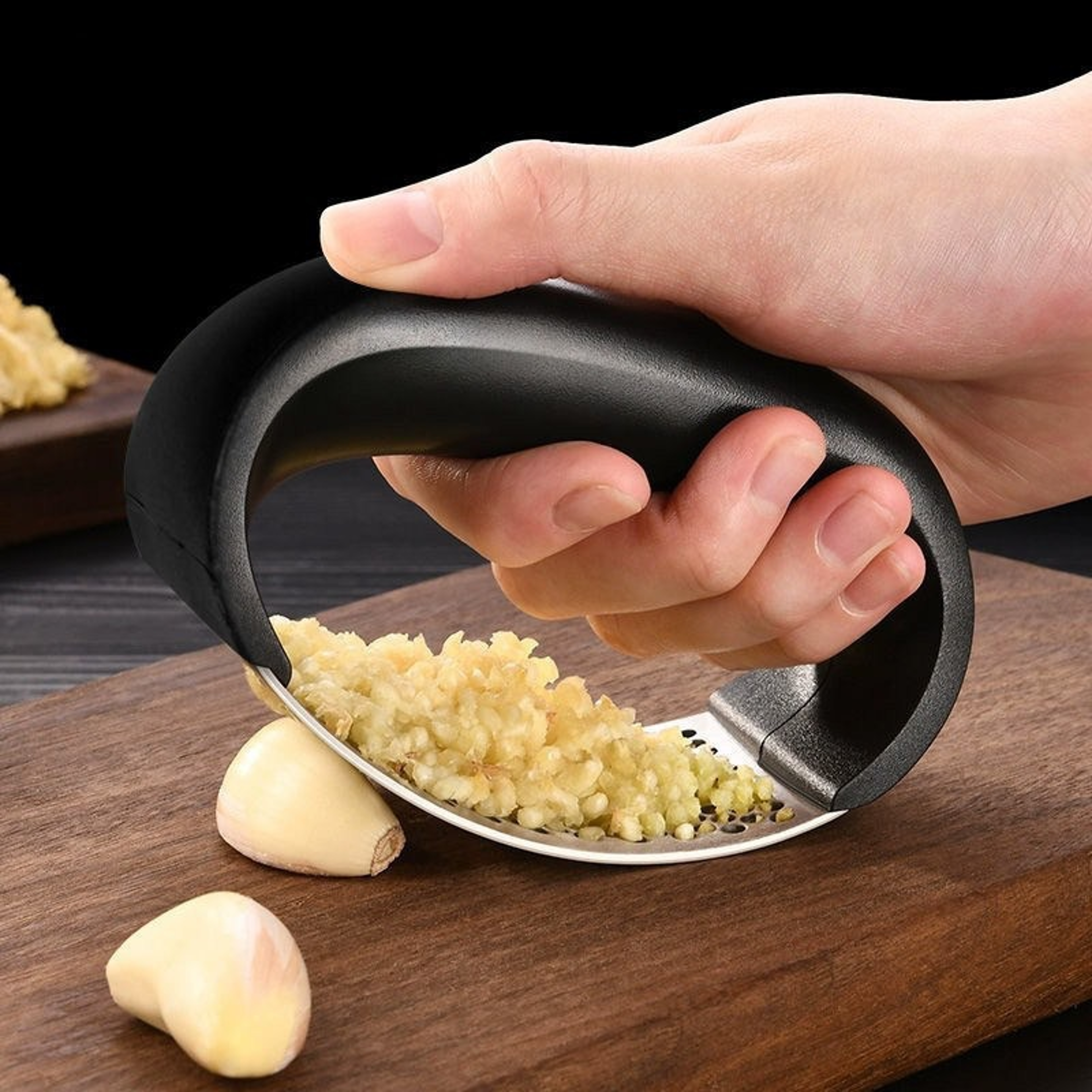 premium stainless steel garlic press rocker set with garlic peeler & cleaning brush