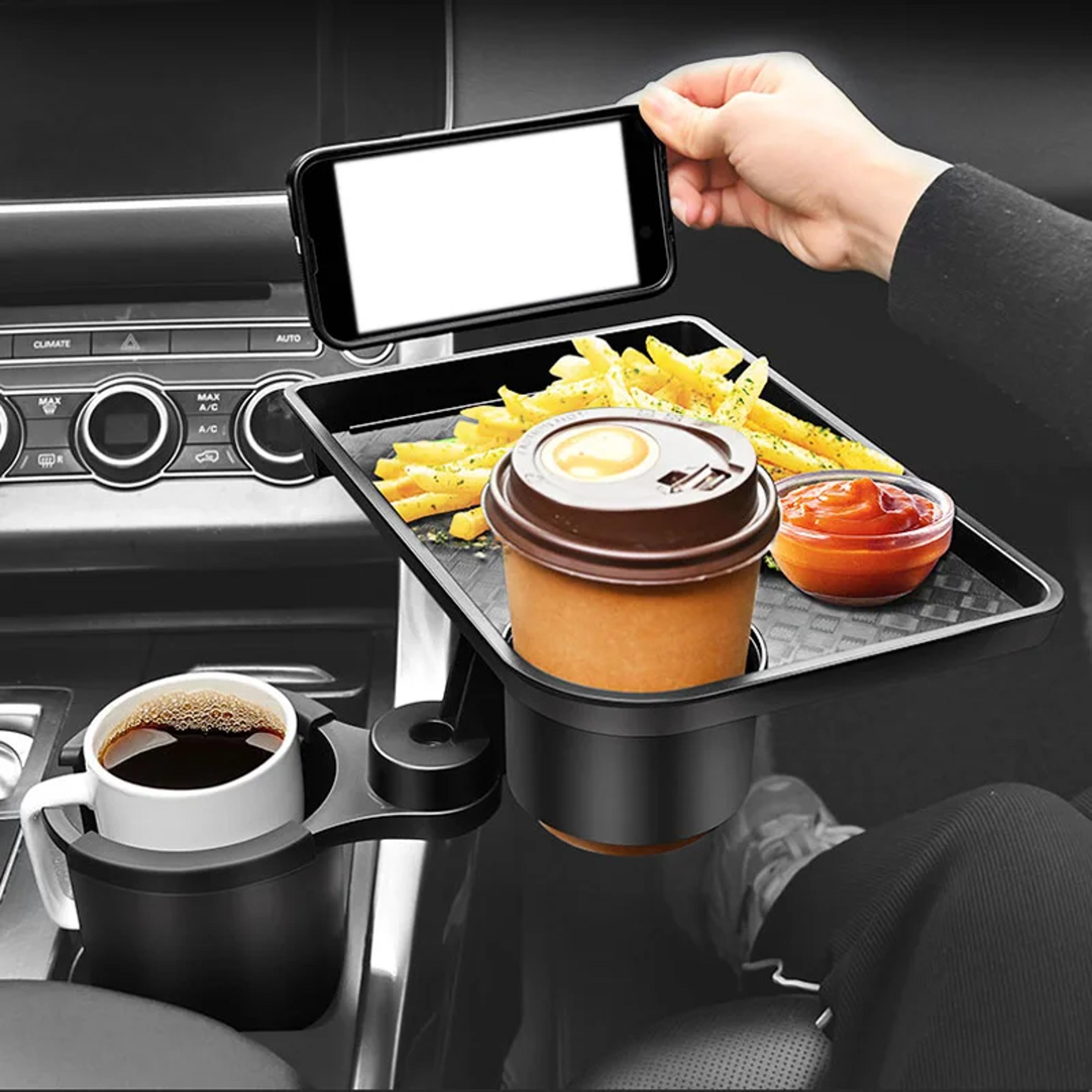 360 adjustable car cup holder expander, multi-function drink holder with snack tray food table for cars