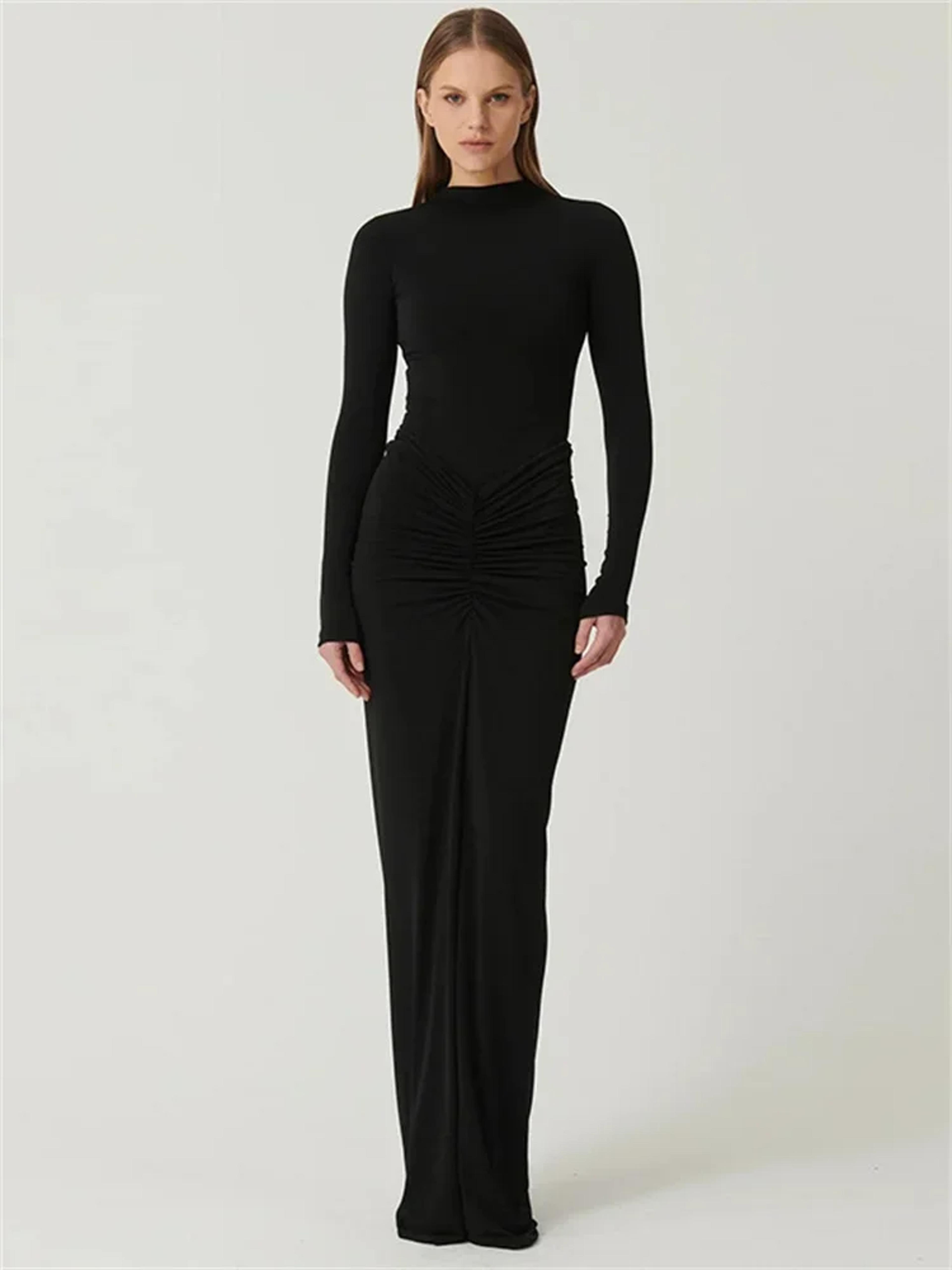 Tossy Pleated Fashion Patchwork Maxi Dress Womens High Waist Long Sleeve Solid Slim Party Dress Sum 4