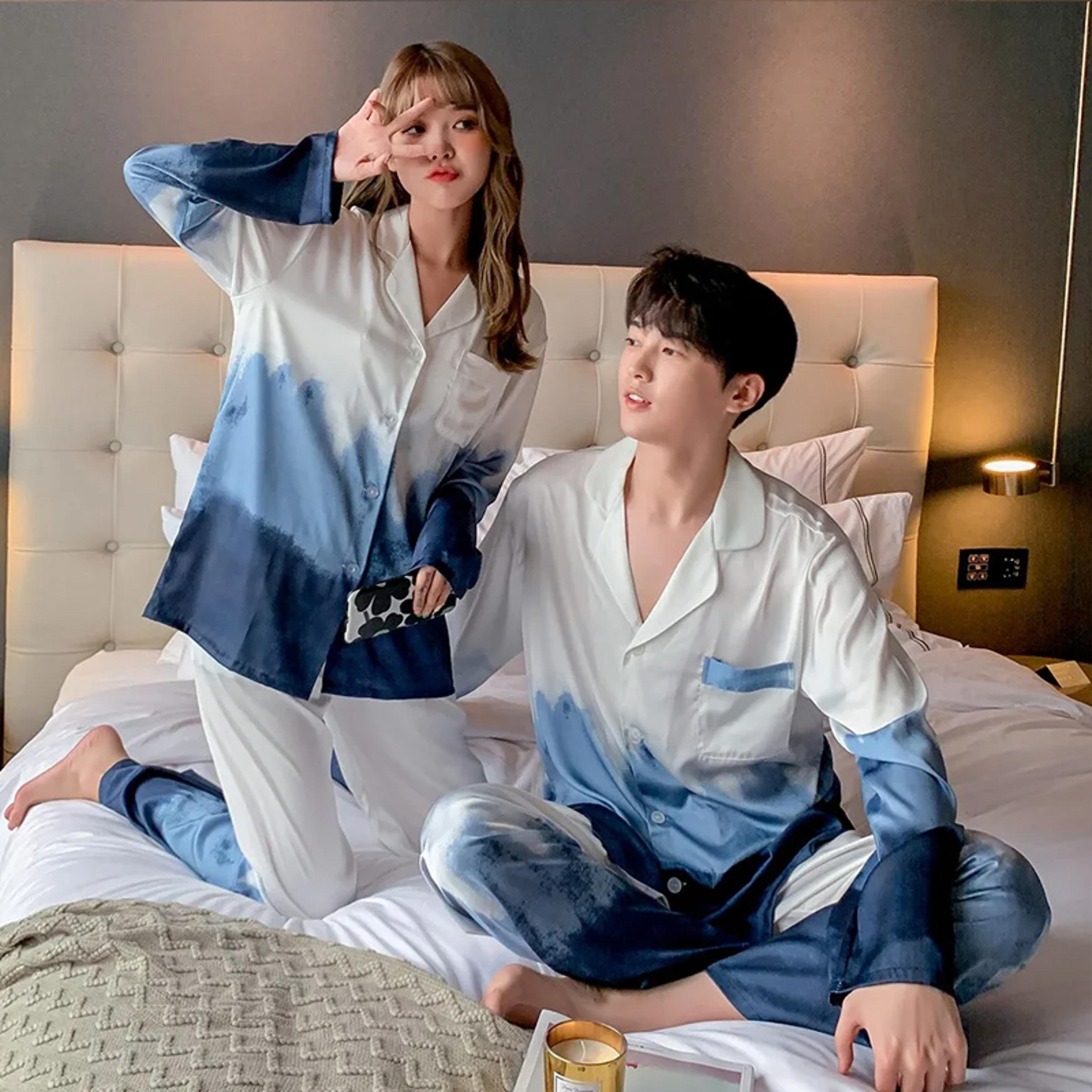Long Sleeved Satin Pajamas Set For Couples Ice Silk Sleepwear Button Shirt Trousers Suit 2