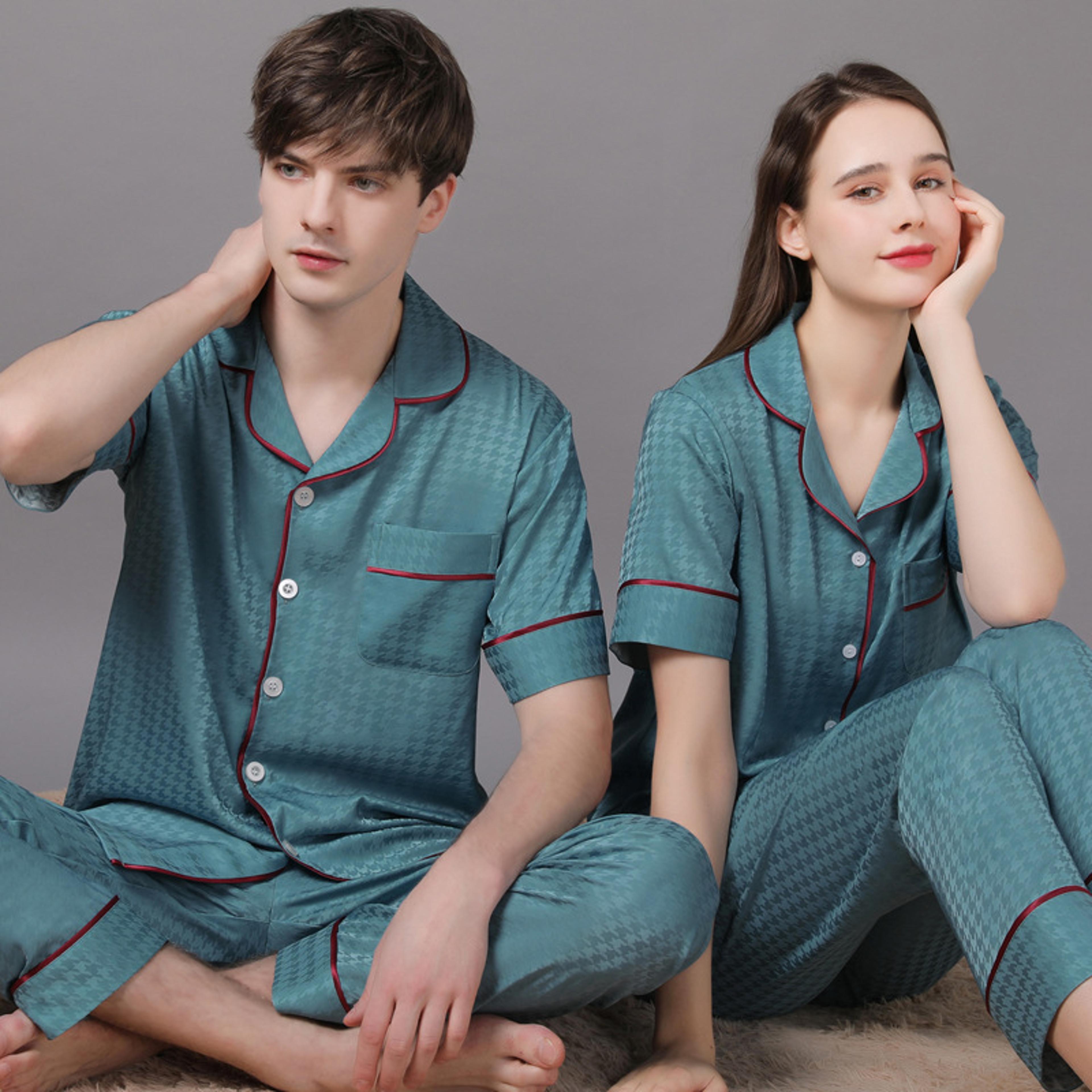Summer Short Sleeve Couple Pajamas Suit Men Ice Silk Satin Long Pant Sleepwear High Quality Couples 1
