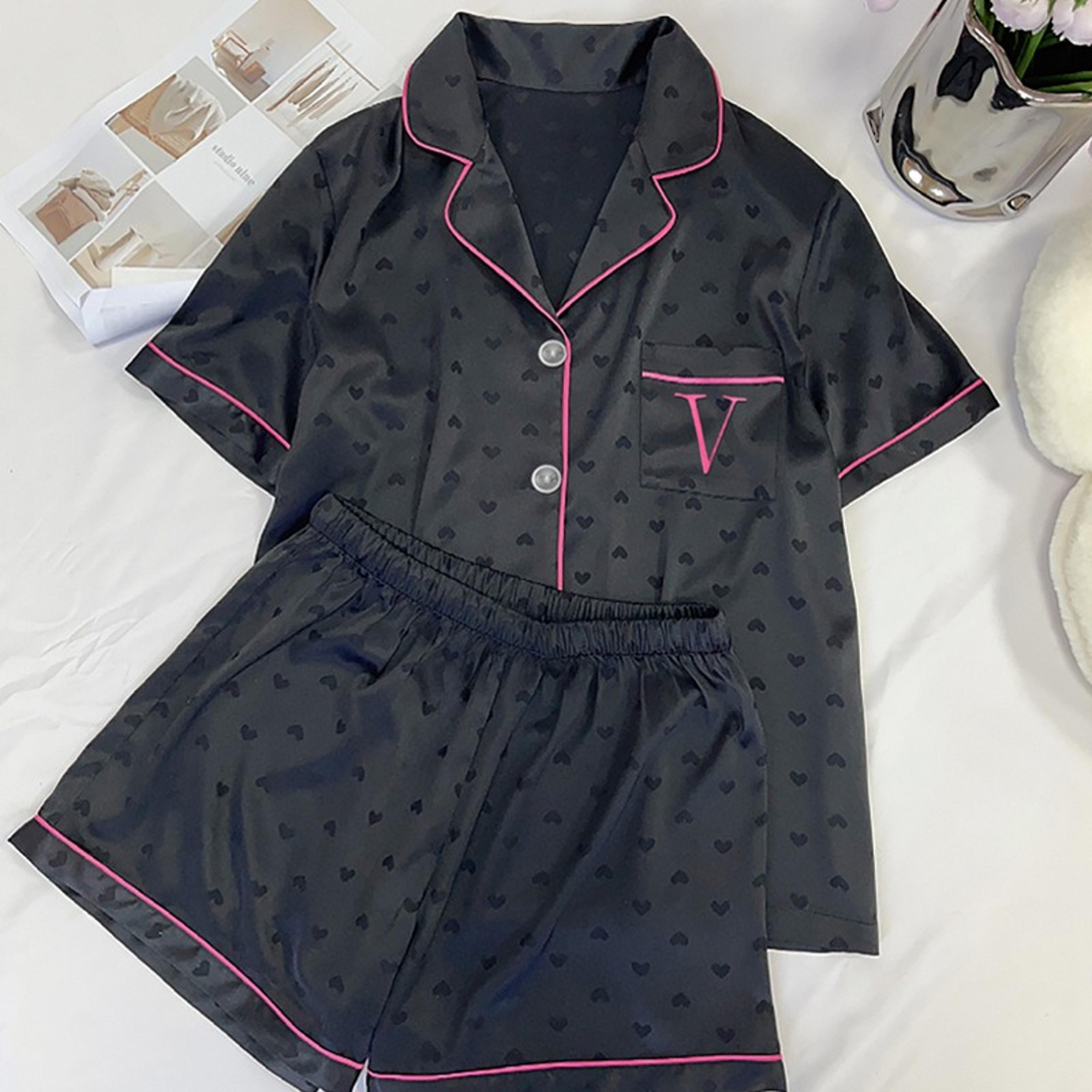 womens silk satin pajamas set, summer button down top shorts, sexy heart print sleepwear, loungewear for women