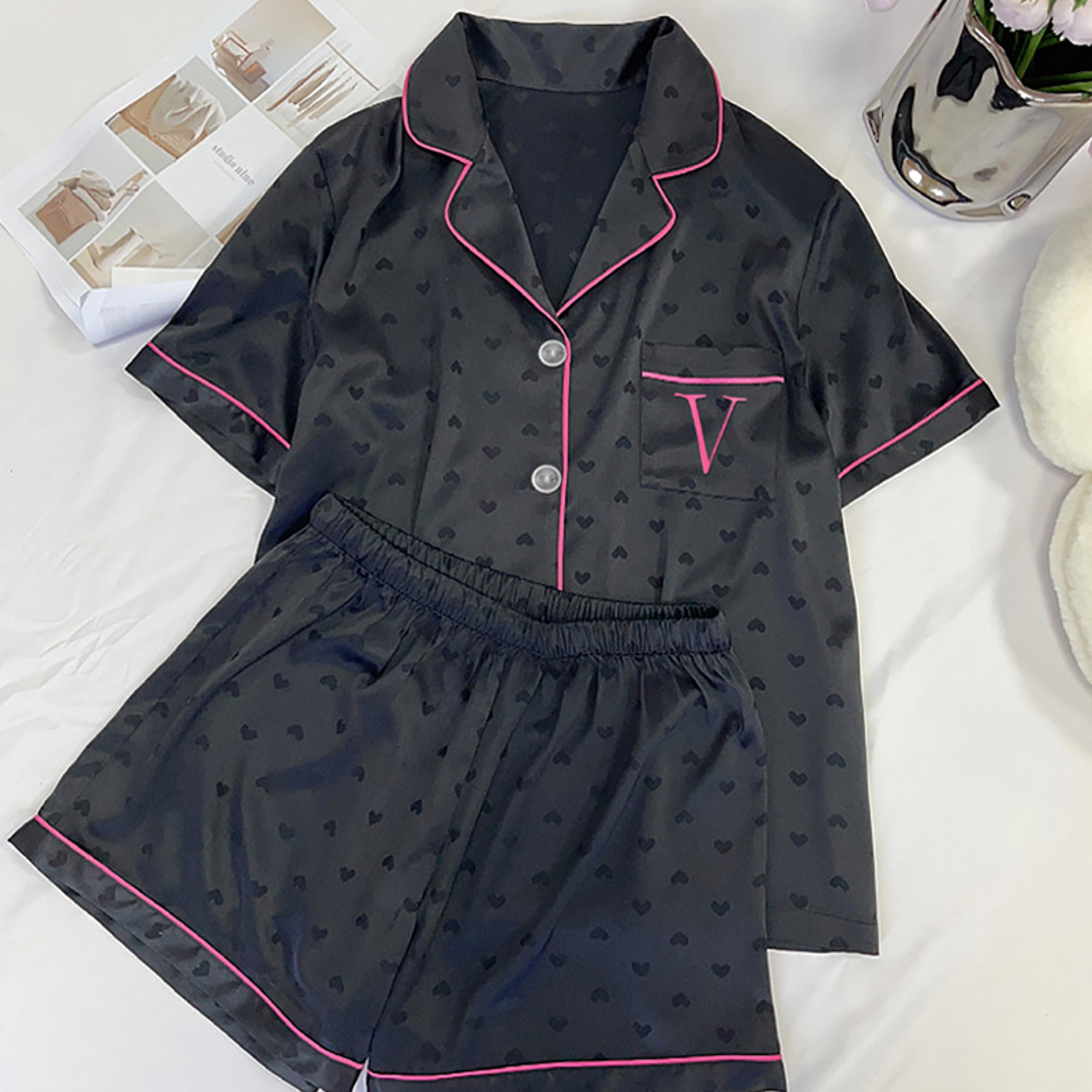 Womens Silk Satin Pajamas Set Summer Button Down Top Shorts Sexy Heart Print Sleepwear Loungewear F 2