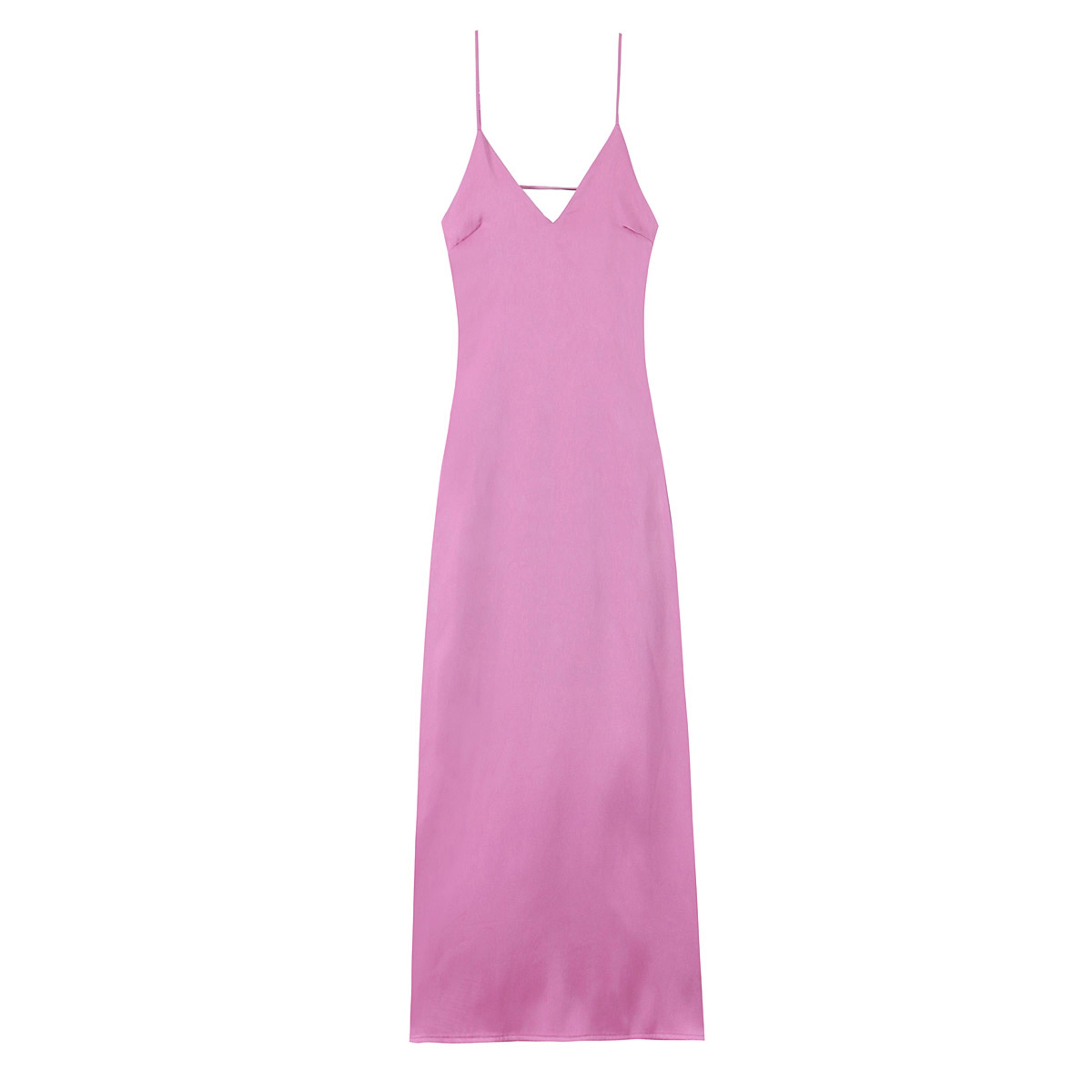 Chic Lady Dresses Women Fashion Solid Satin Pleated Backless Zipper Midi Dress Thin Straps VNeck 3