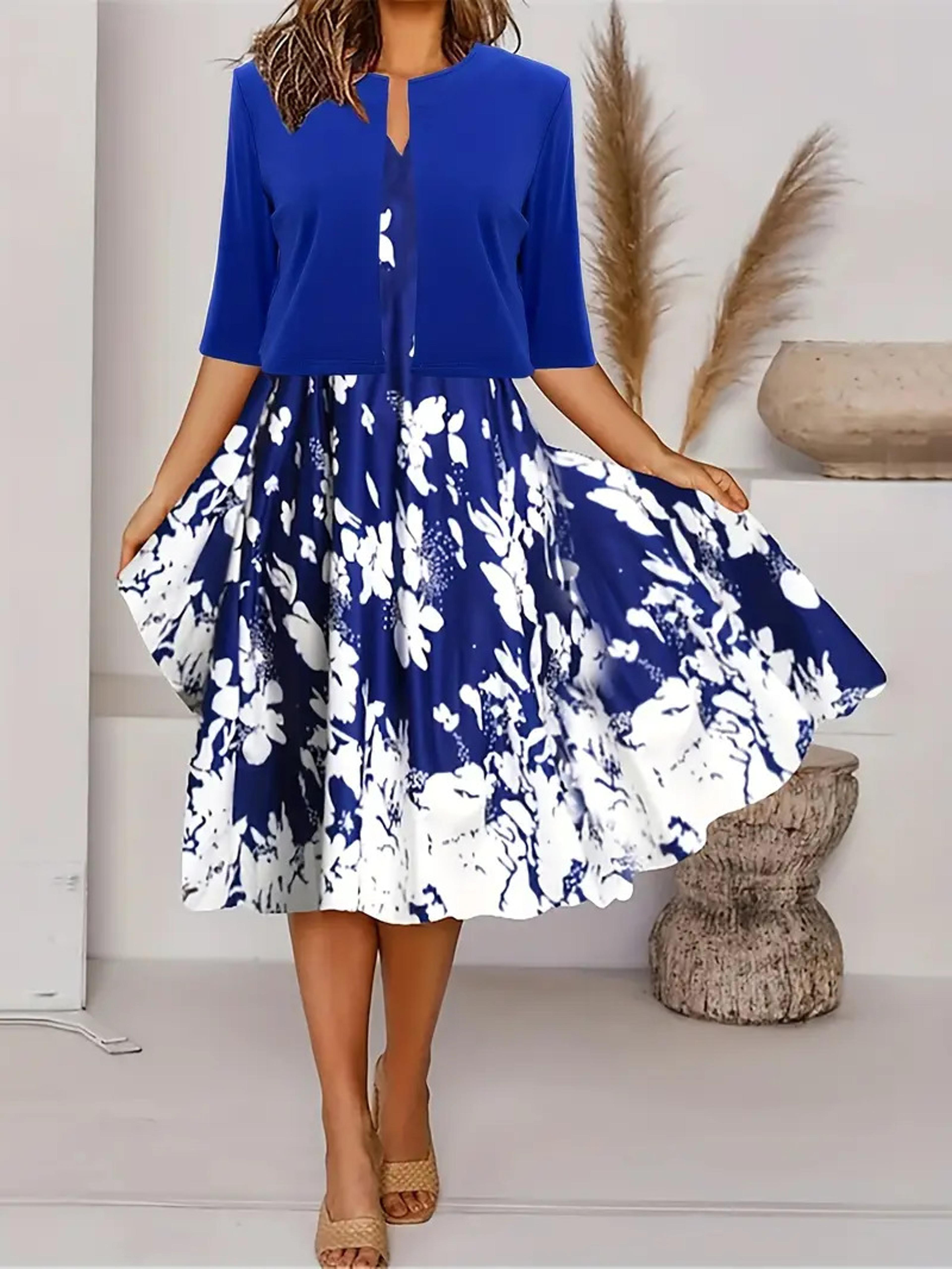 Autumn New Womens Long Dress TwoPiece Set Floral Print Round Neck Dress Coat For Women 4