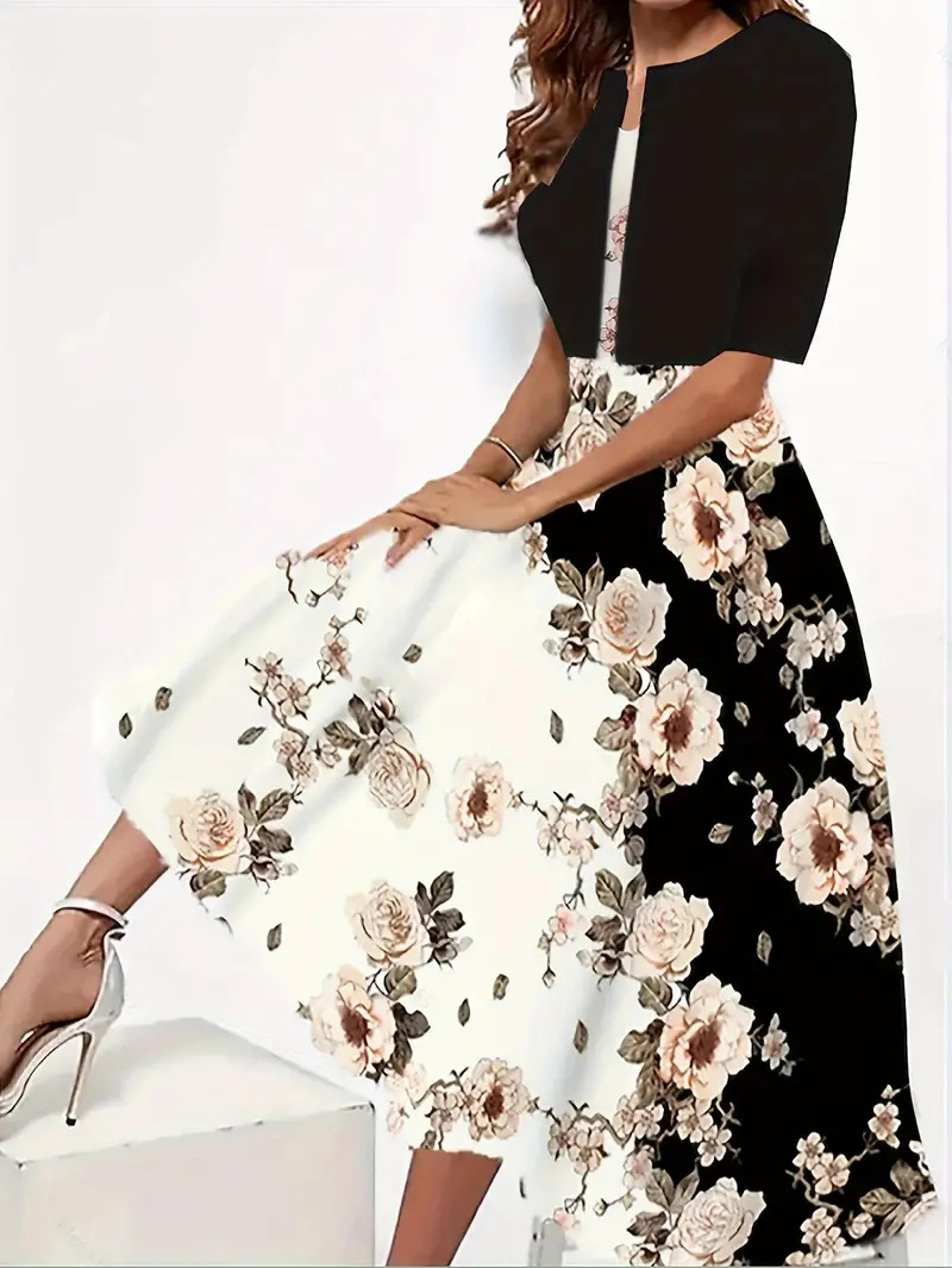 Autumn New Womens Long Dress TwoPiece Set Floral Print Round Neck Dress Coat For Women 6