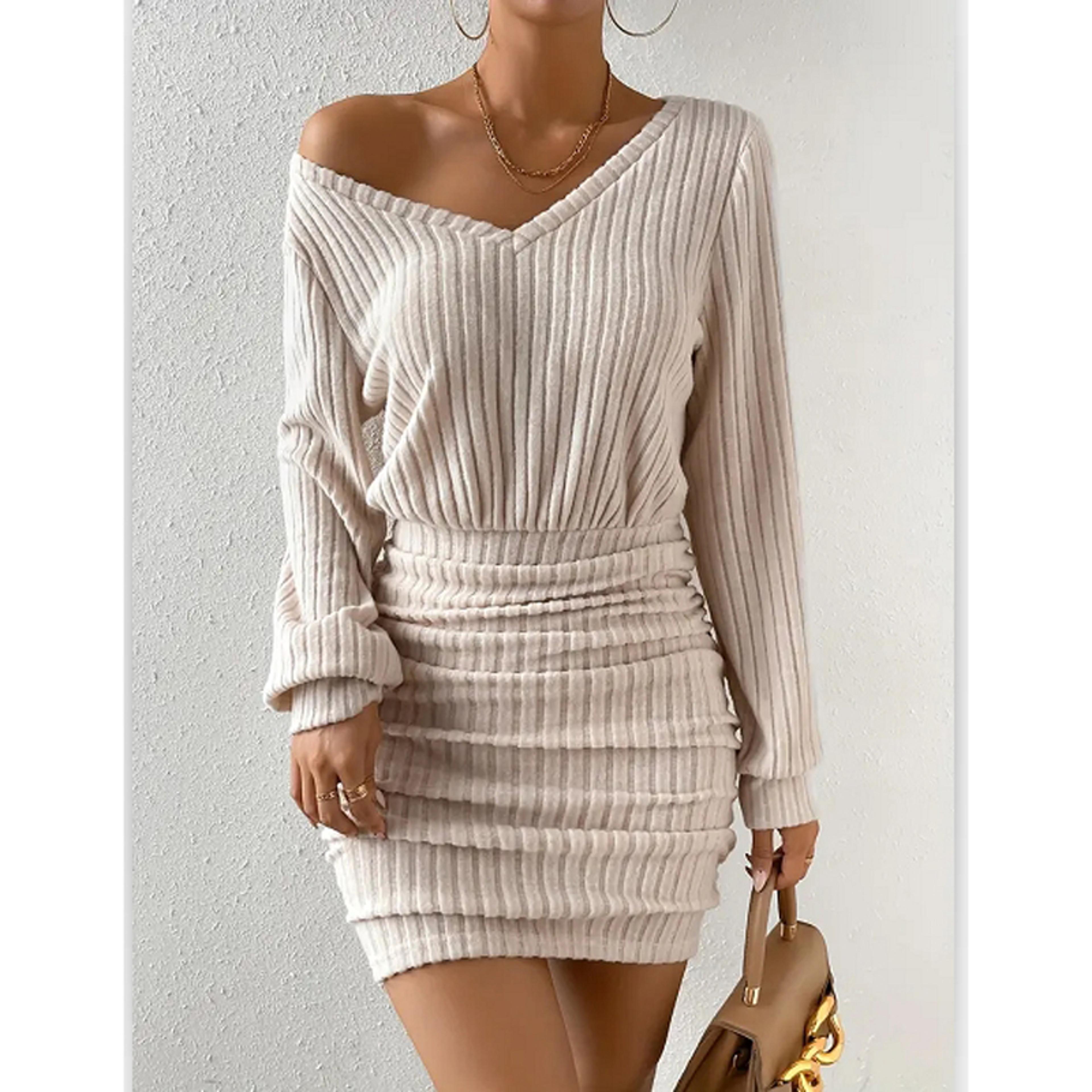 women's knit wrap v-neck mini sweater dress with long sleeves