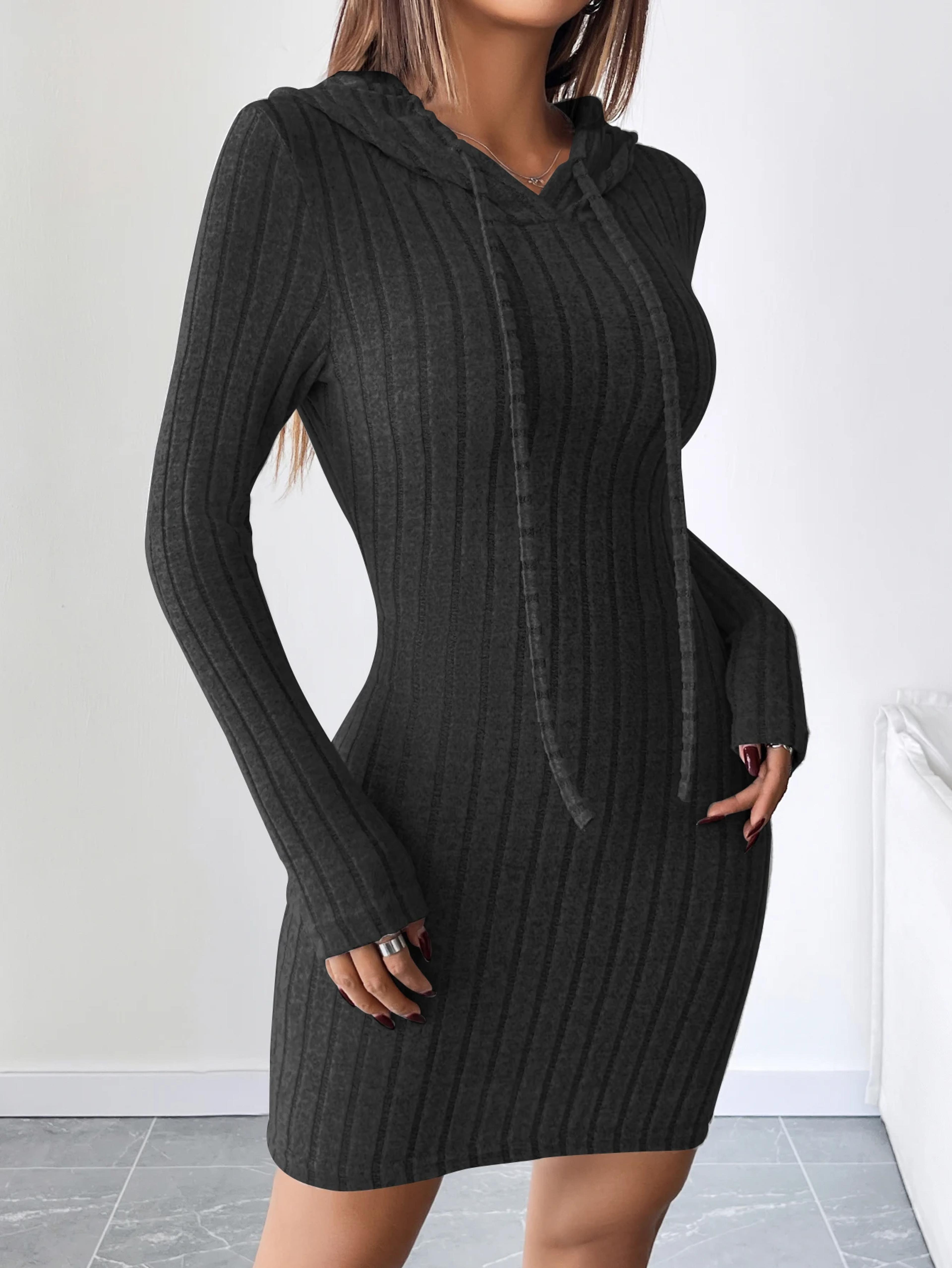 Comfortable Casual Hooded Slim Fit Dress Trendy Ribbed Knitted Style With Drawstring For Women 5