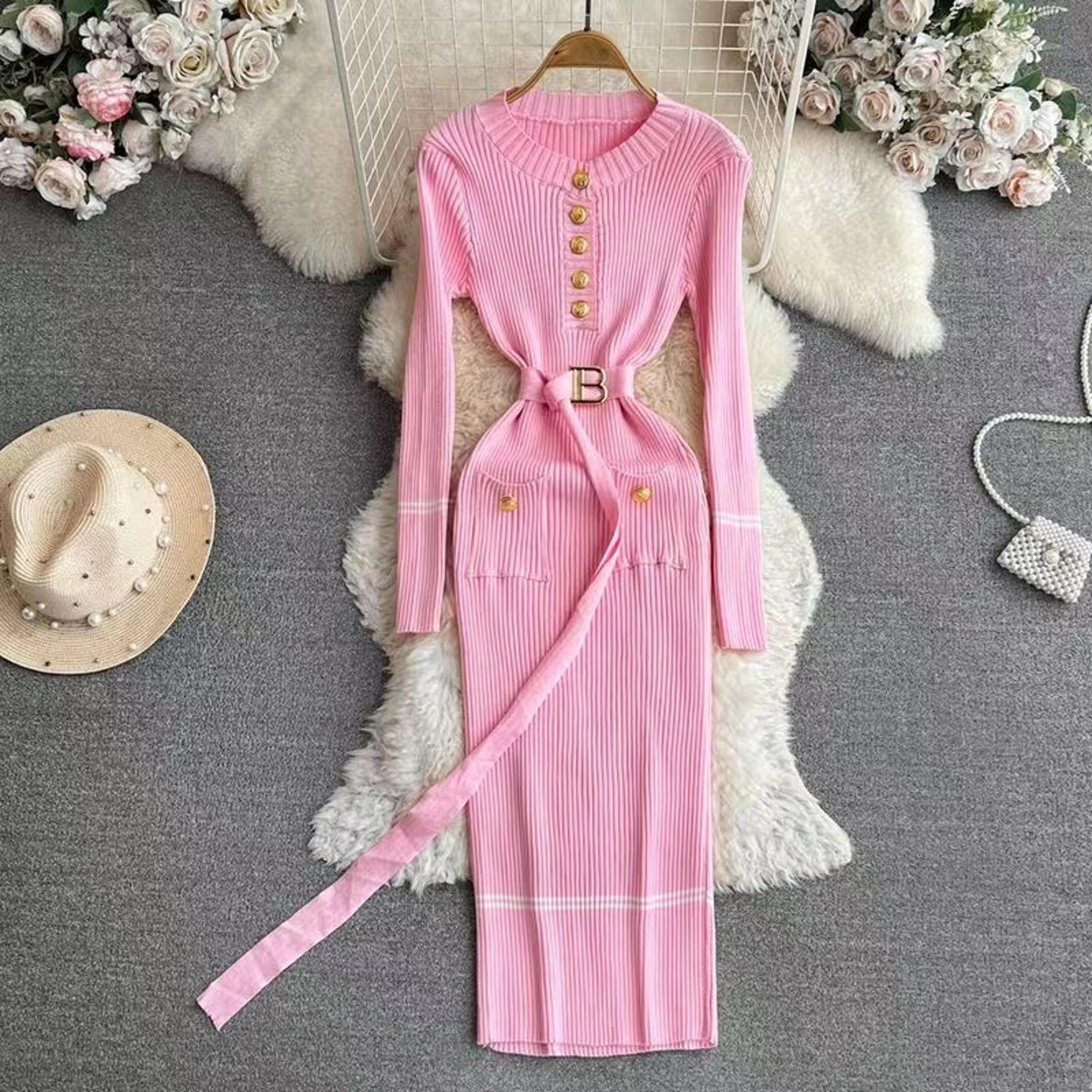 Slim Feeling Autumn Winter French Style Celebrity Temperament Dress With Round Collar And Wrap Hip  6