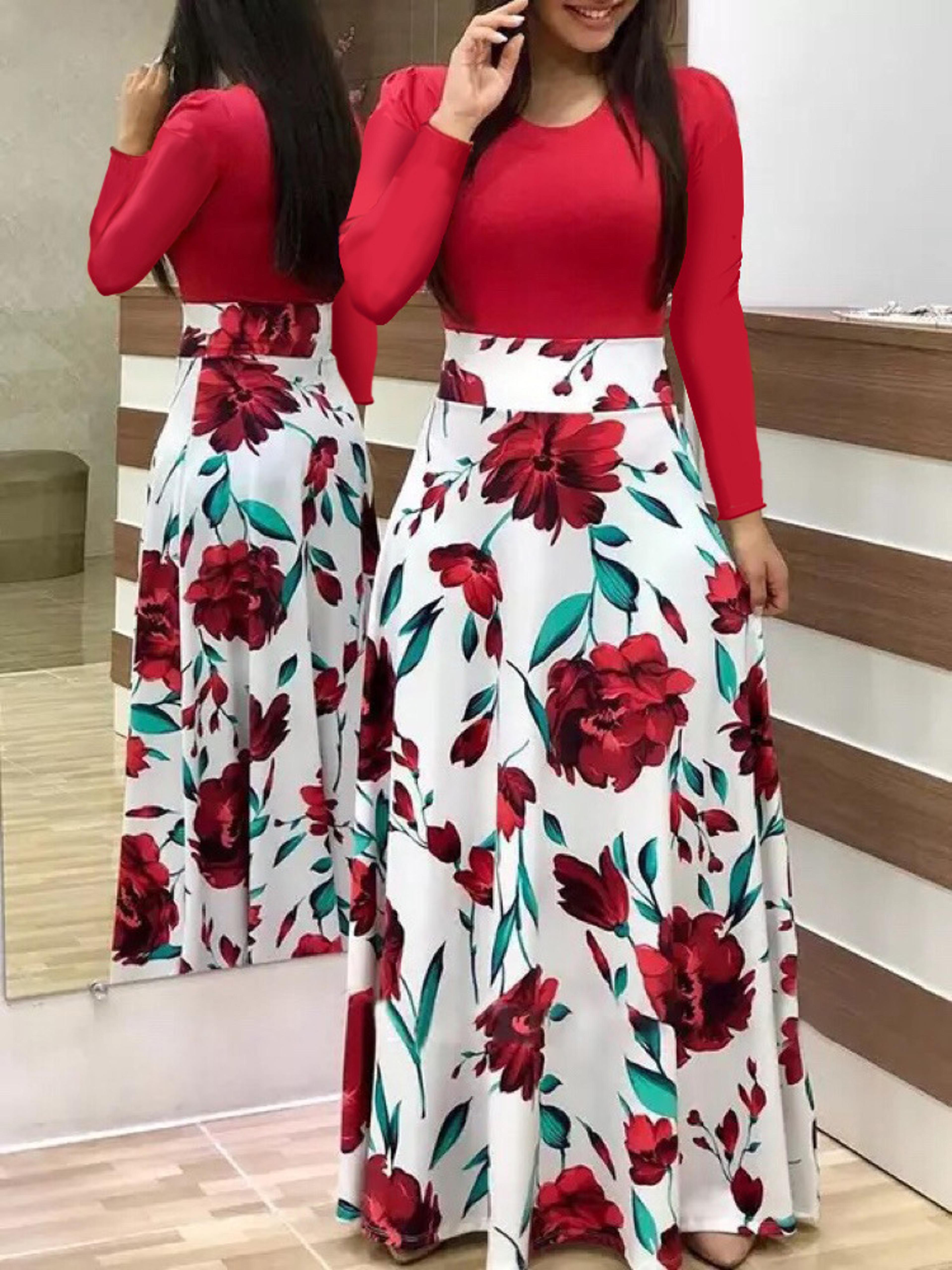 Long Dresses Autumn Flower Color Matching Dresses Womens Clothing 1