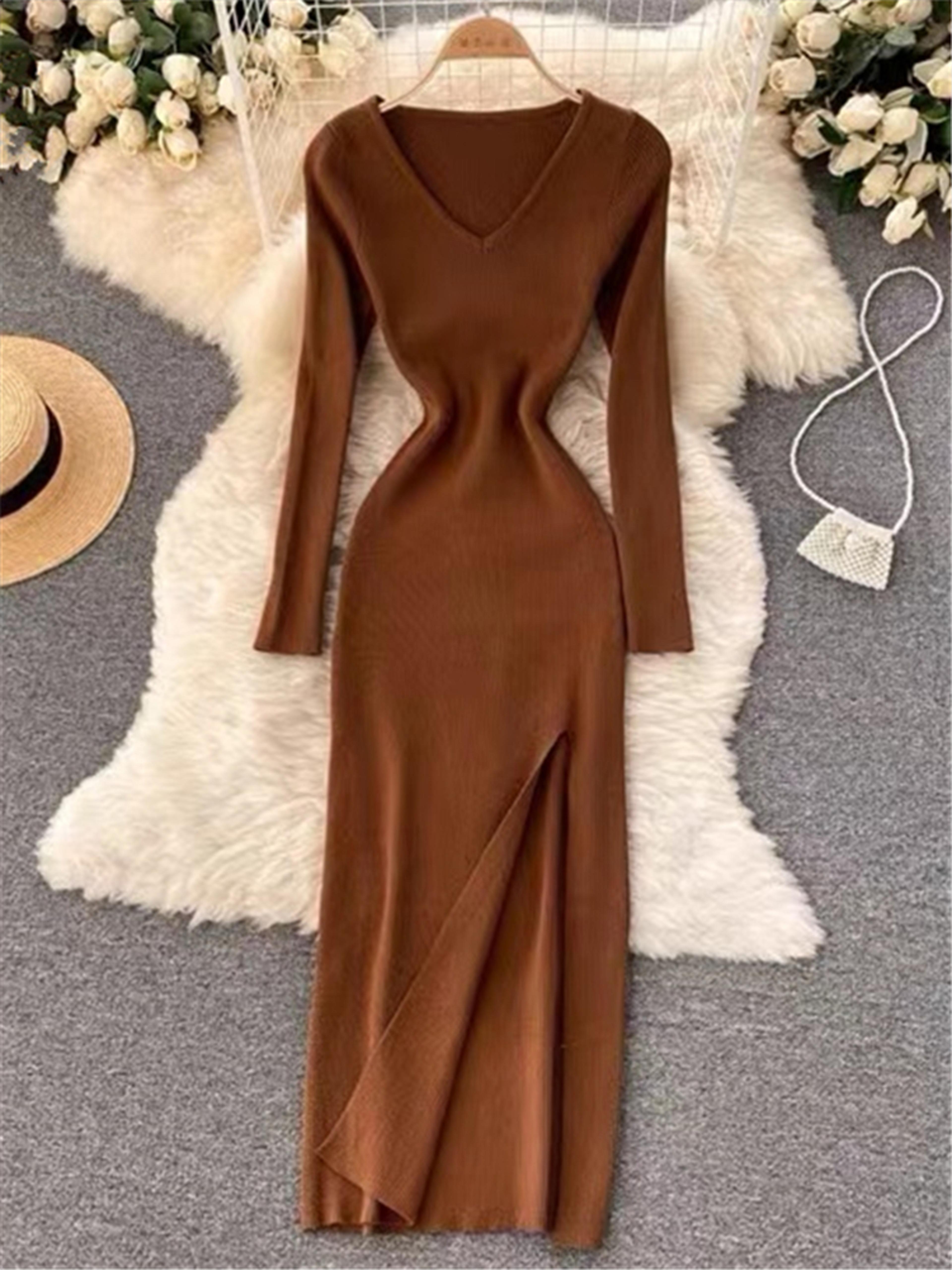 Female VNeck Slim Slit Womens Sweater Dress Tightfitting Wrap Dresses 7