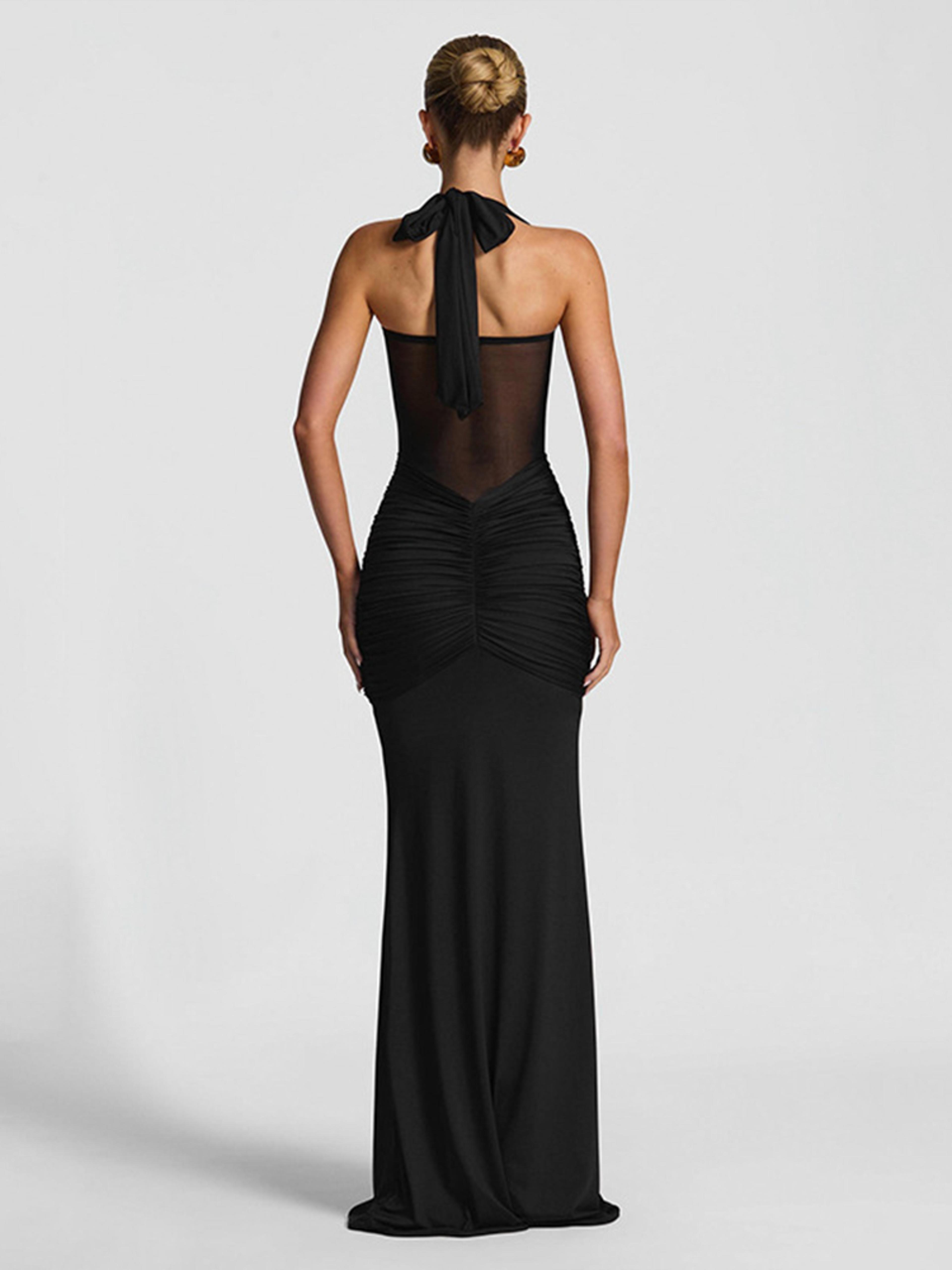 Sexy Patchwork Elegant Maxi Dress Women Trendy Halter Backless Bodycon With Sheer Ribbons For Eveni 1