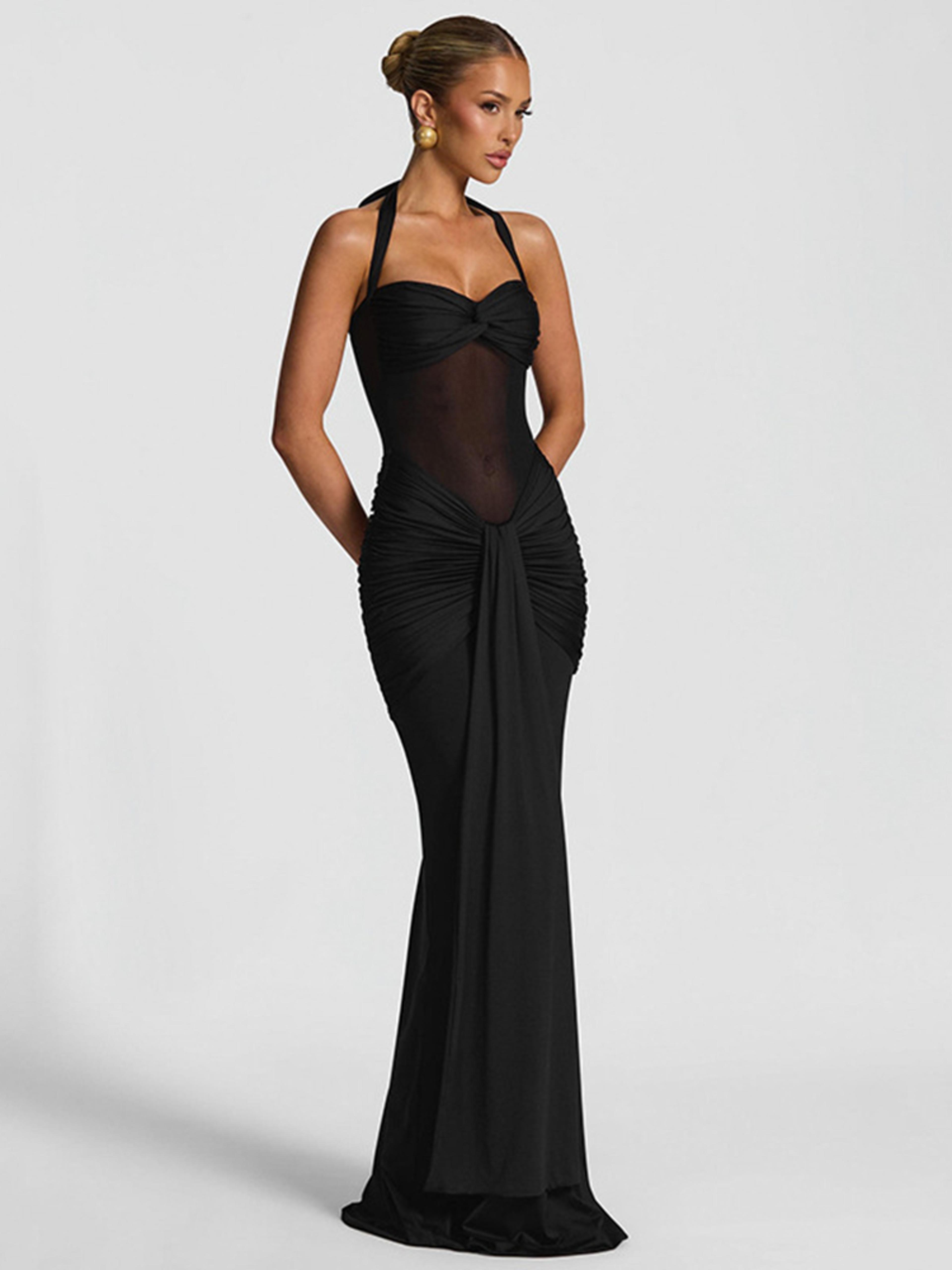 Sexy Patchwork Elegant Maxi Dress Women Trendy Halter Backless Bodycon With Sheer Ribbons For Eveni 5