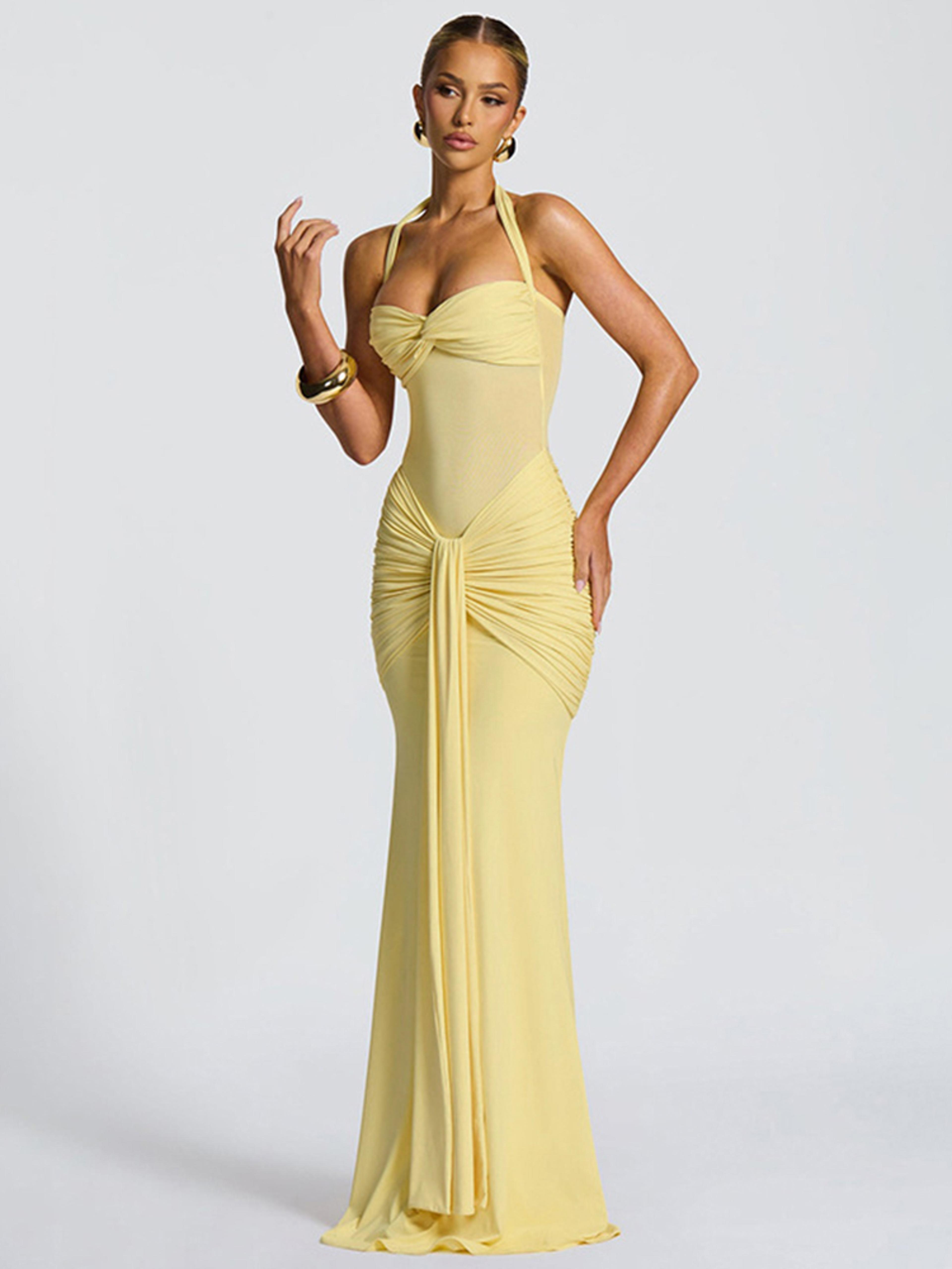 Sexy Patchwork Elegant Maxi Dress Women Trendy Halter Backless Bodycon With Sheer Ribbons For Eveni 2