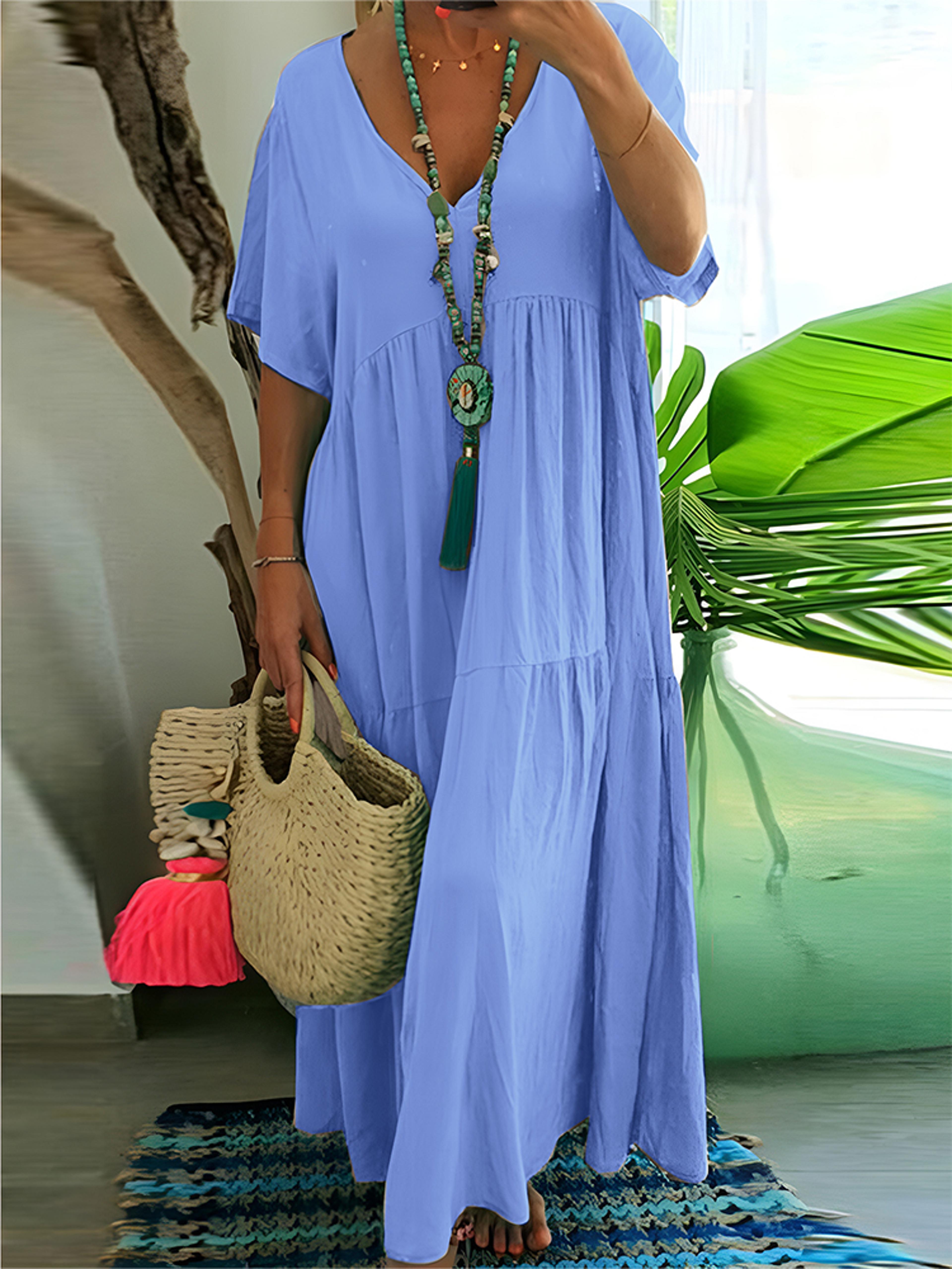 Womens Dress Plus Size Casual Loose VNeck Solid Long Pleated Spring Summer Dress 0