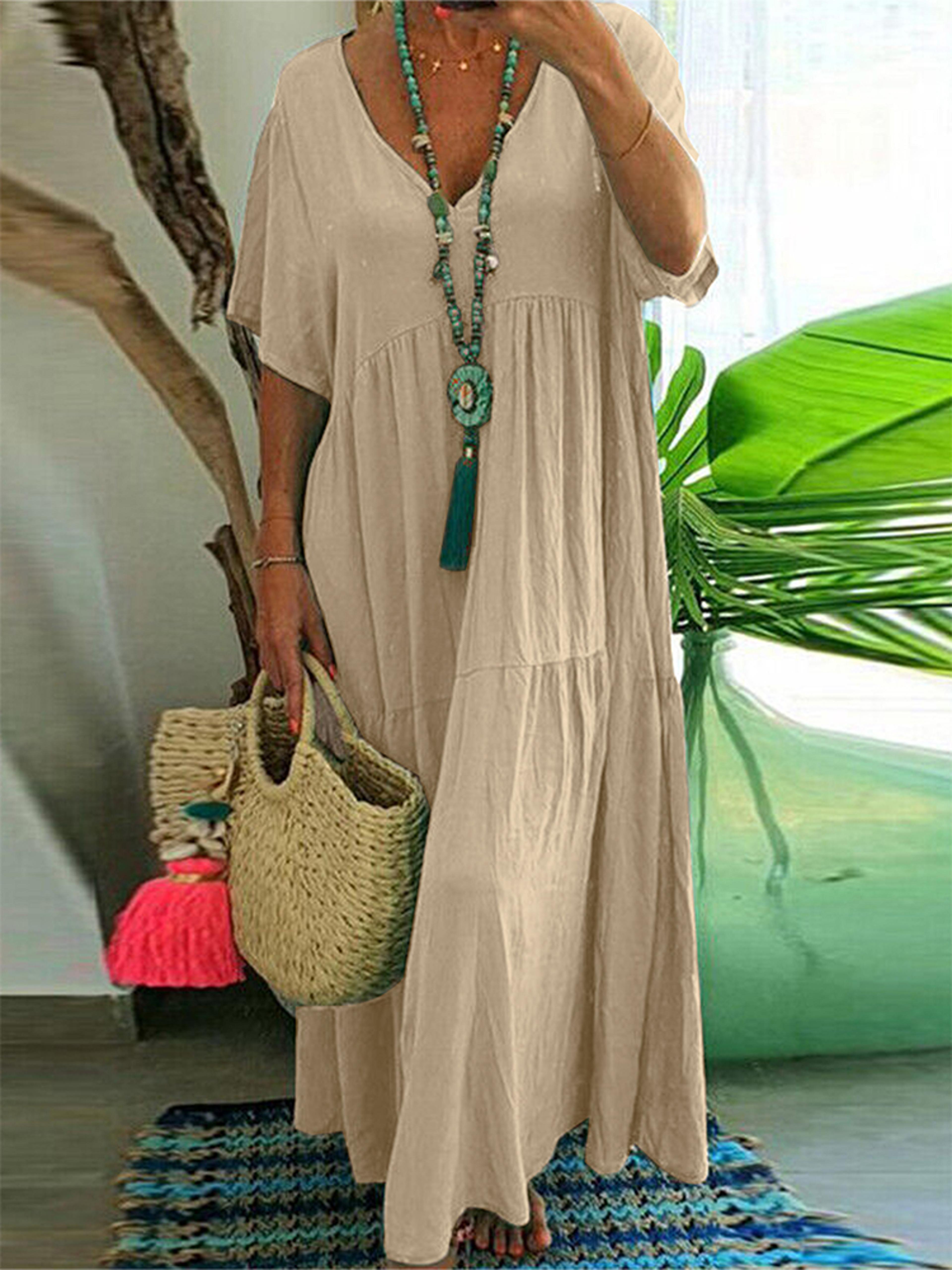 Womens Dress Plus Size Casual Loose VNeck Solid Long Pleated Spring Summer Dress 2