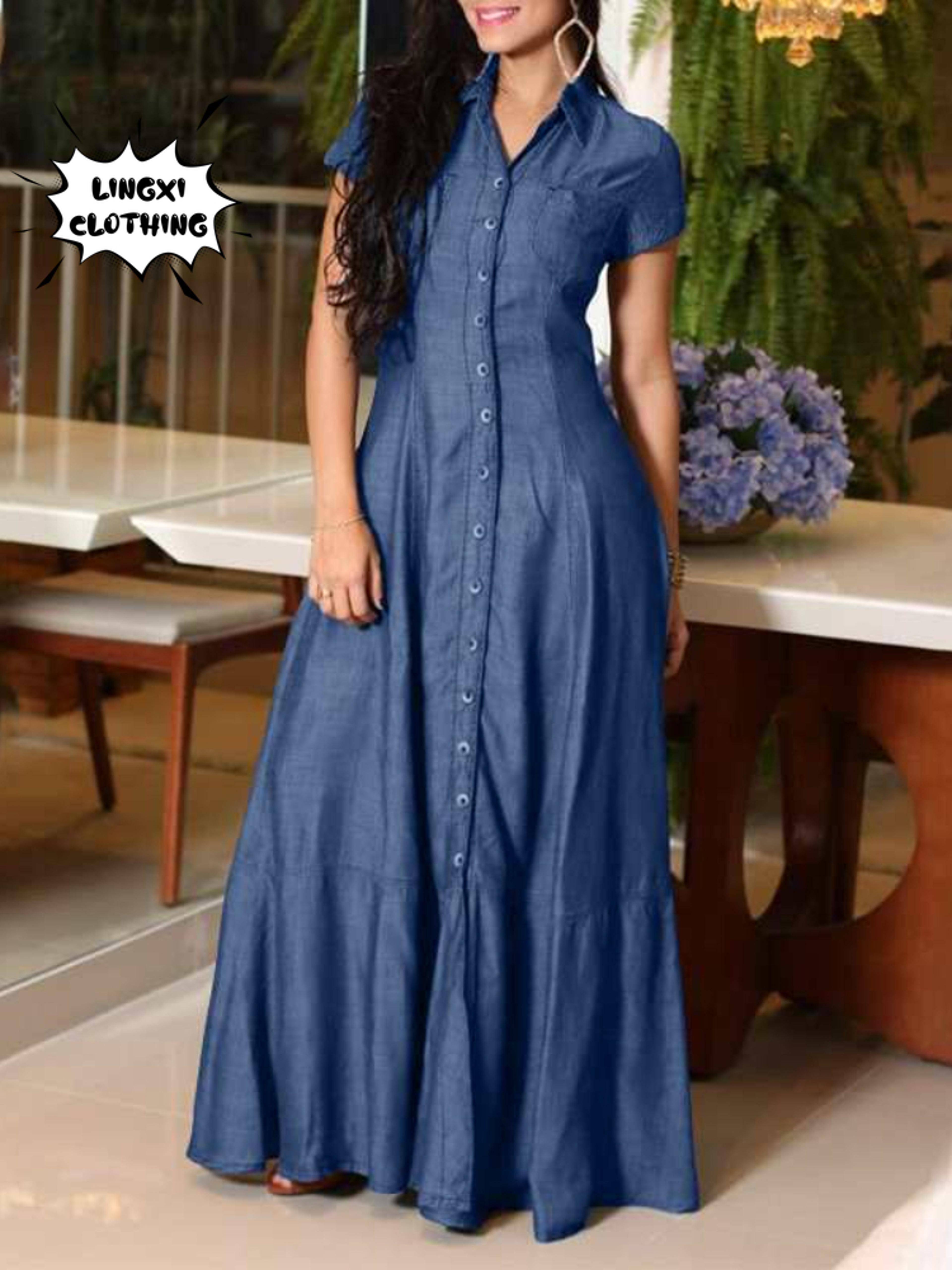 Casual Elegant Denim Dress With Long Sleeve Shirt Neck Pocket Large Swing And Single Breasted Desig 1