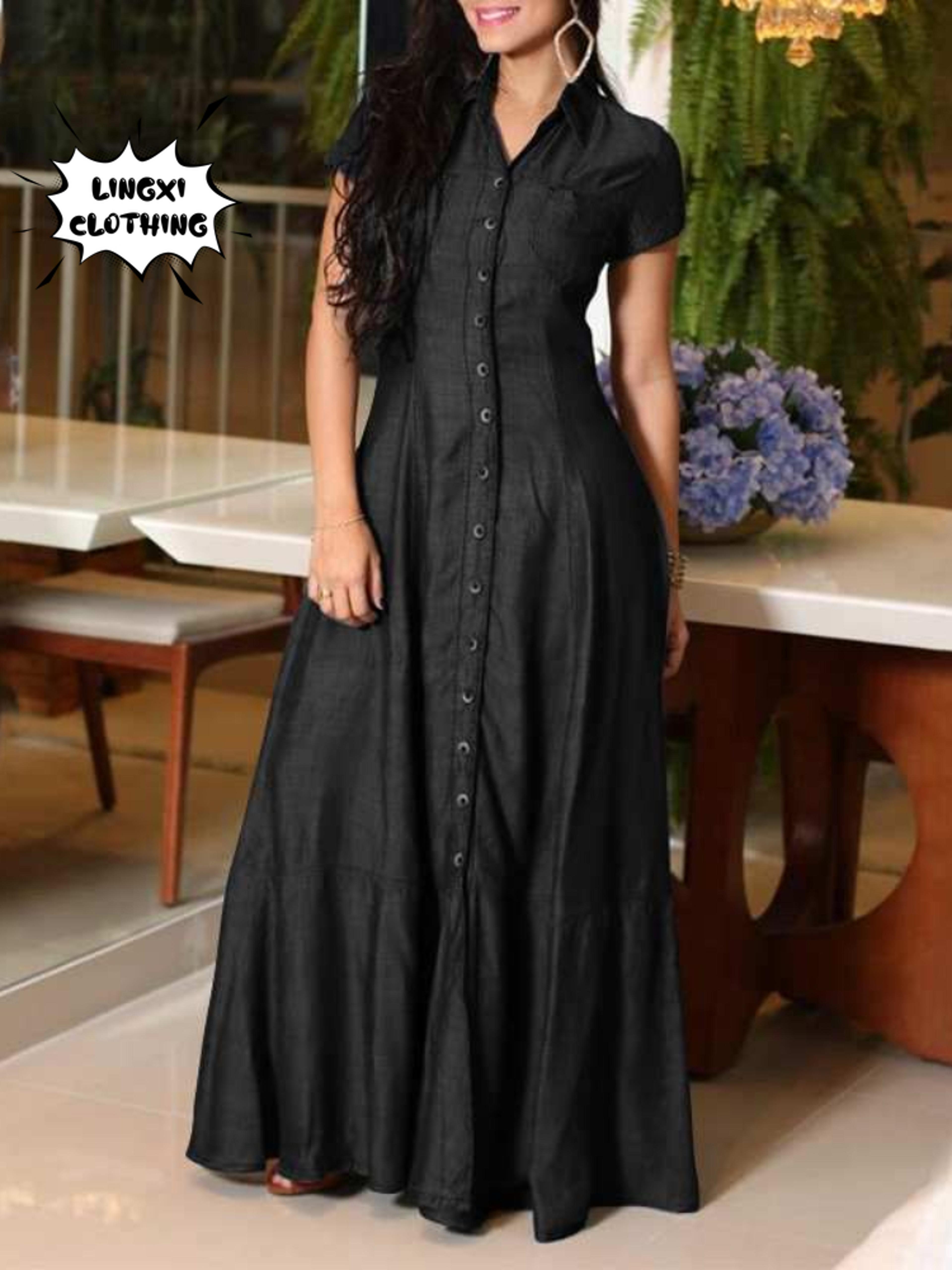 Casual Elegant Denim Dress With Long Sleeve Shirt Neck Pocket Large Swing And Single Breasted Desig 2