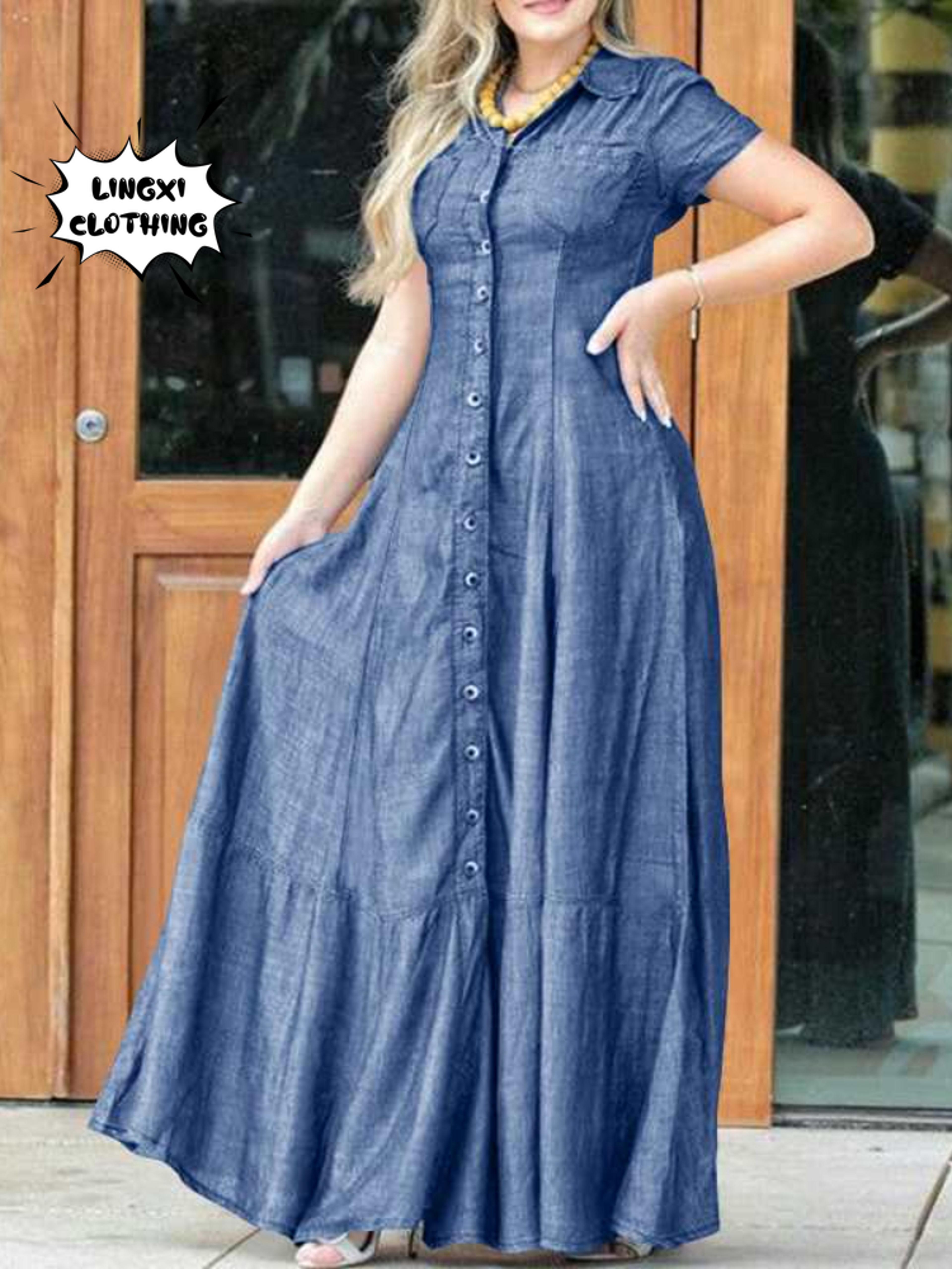 Casual Elegant Denim Dress With Long Sleeve Shirt Neck Pocket Large Swing And Single Breasted Desig 3