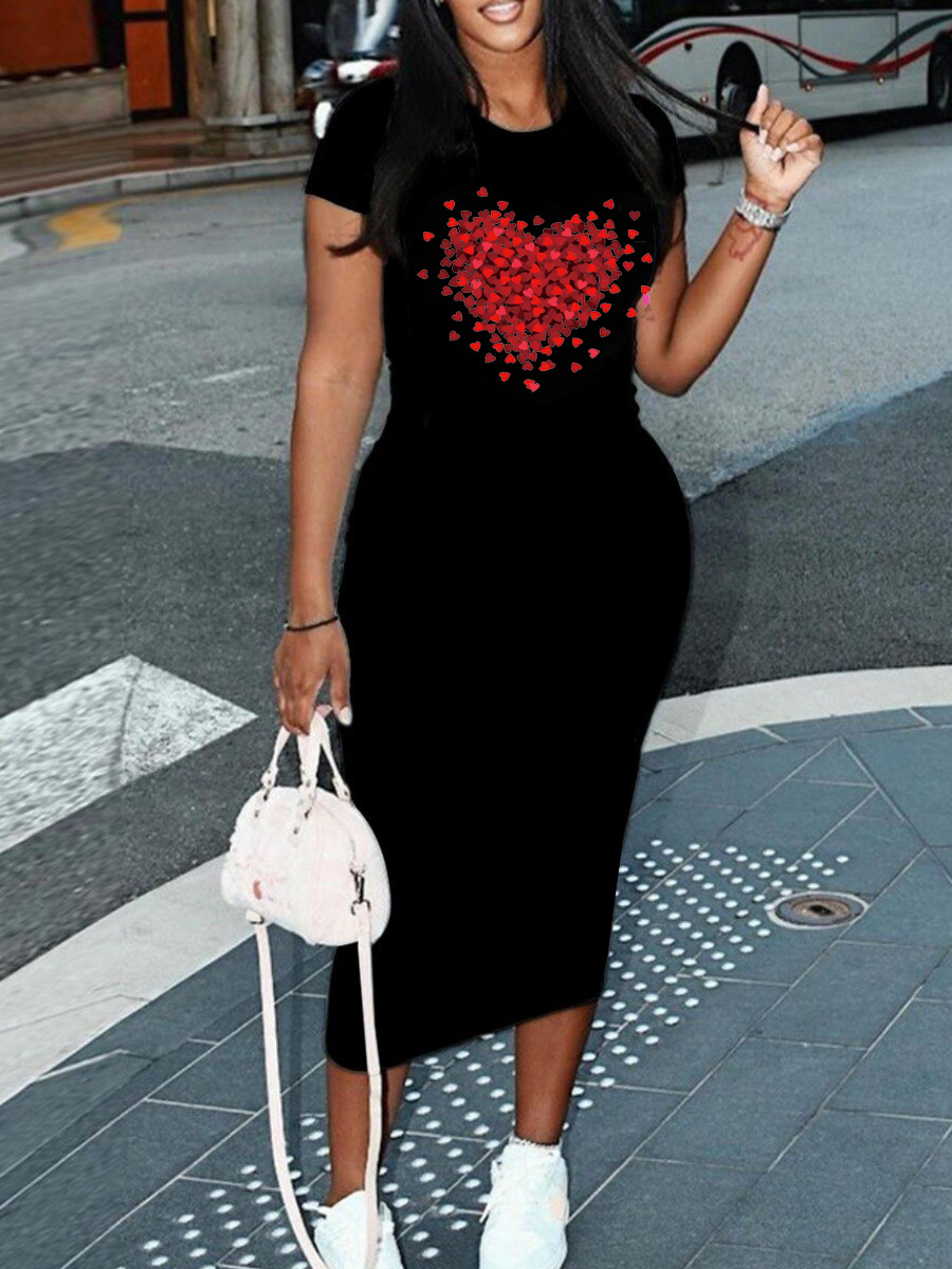 Womens Sexy Dress Summer HeartShaped Print Short Sleeved Casual Round Neck Pullover Dress Solid Col 6