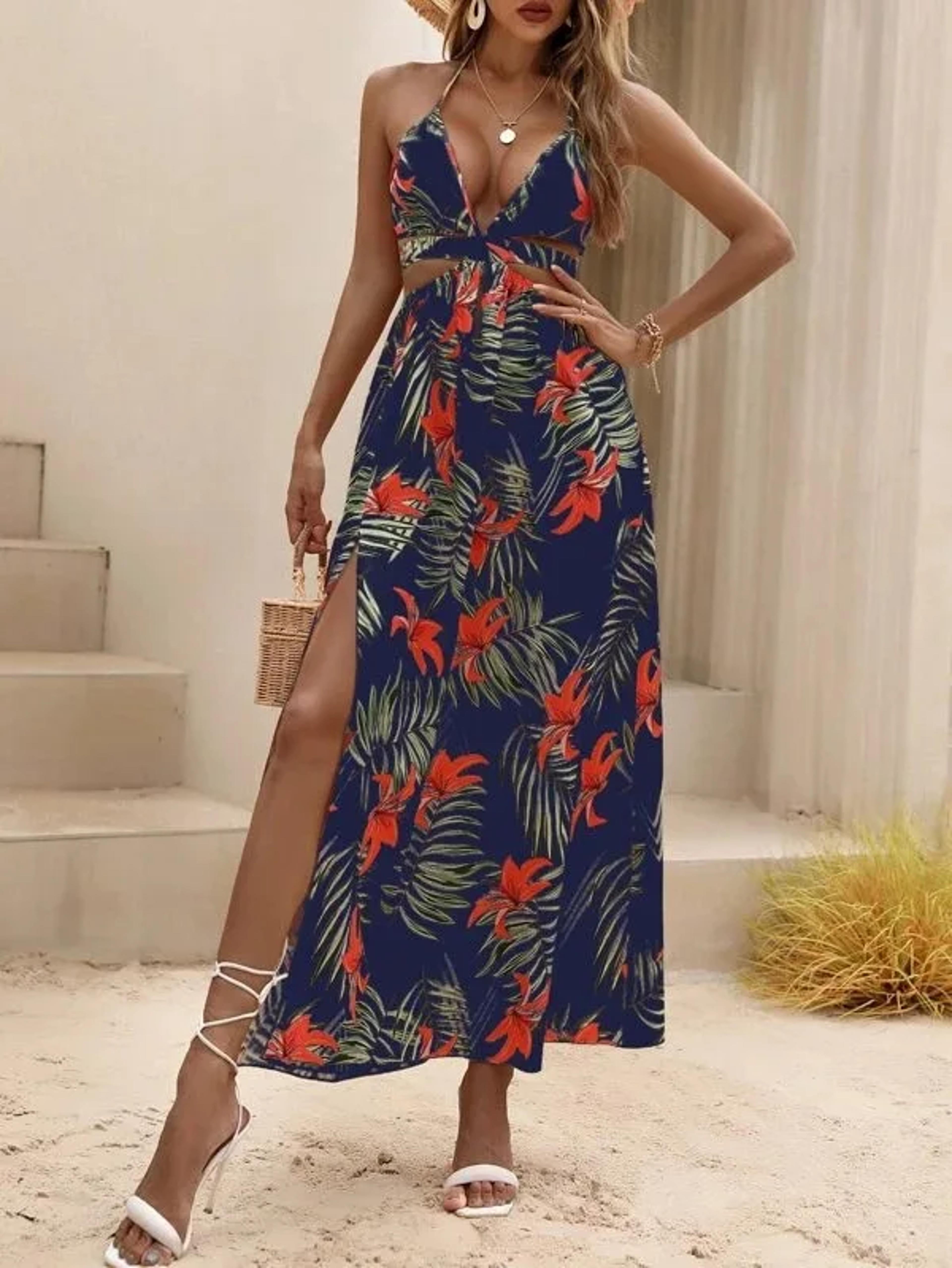 Sexy Beach Style Summer Fashion Womens Elegant Printed Bohemian Bareback Bow Split Party Dress 8