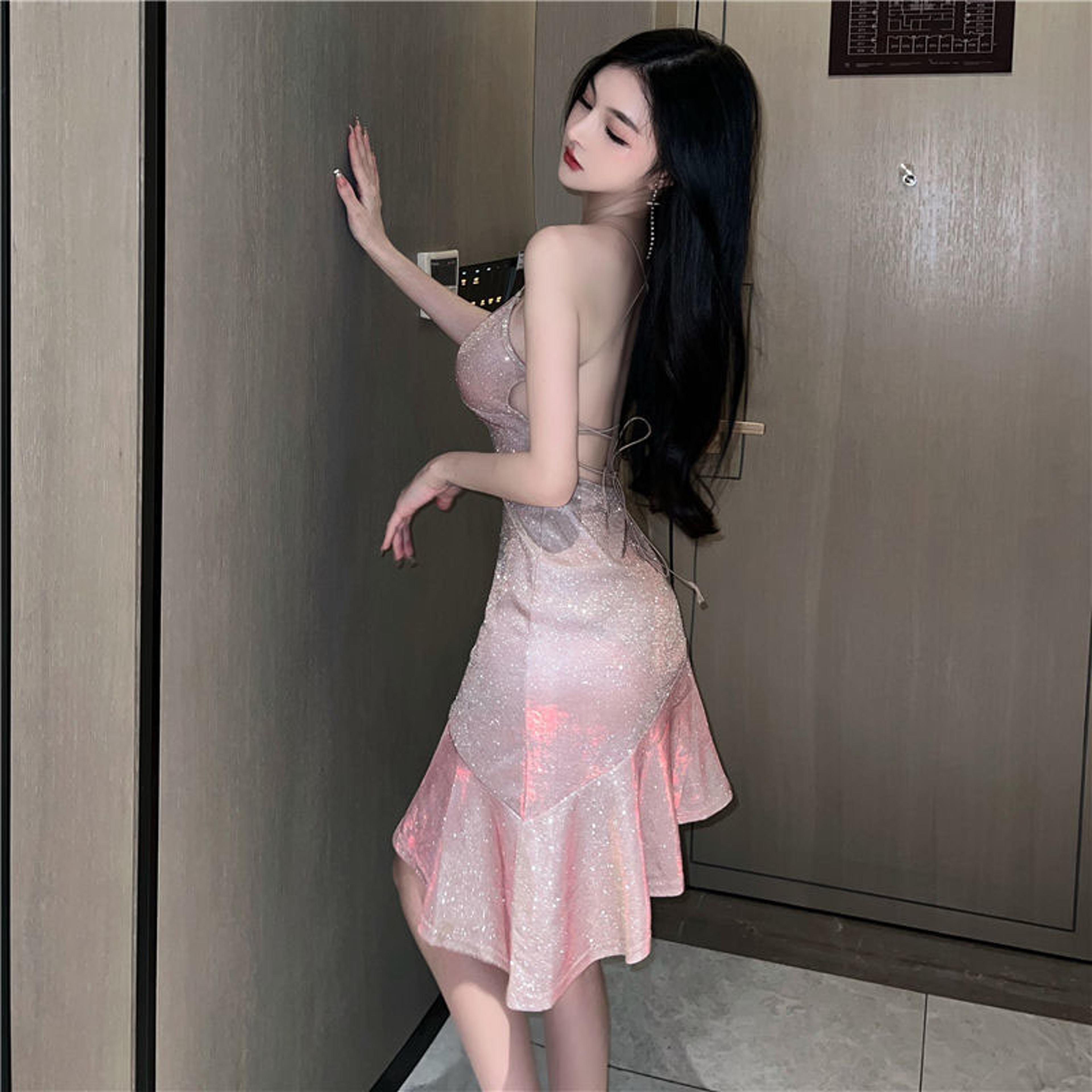Sexy Women Golden Mermaid Dress Biyaby Spaghetti Strap Strapless Bandage Dress Elastic Solid Color  3
