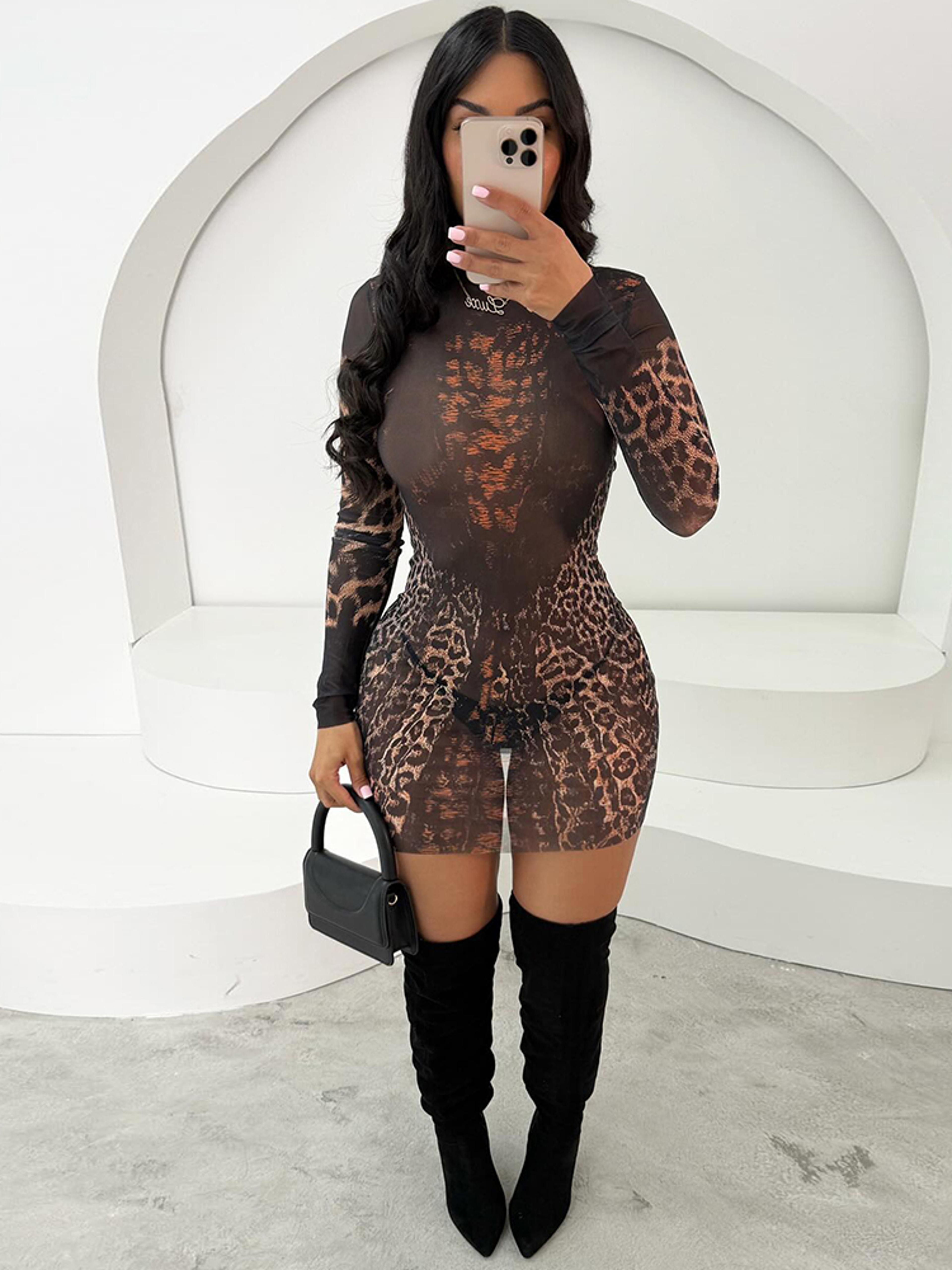 Nibber See Through Dress Women Sexy Leopard Print Mini Bodycon Full Sleeve ONeck Stretch Wild Clubw 3