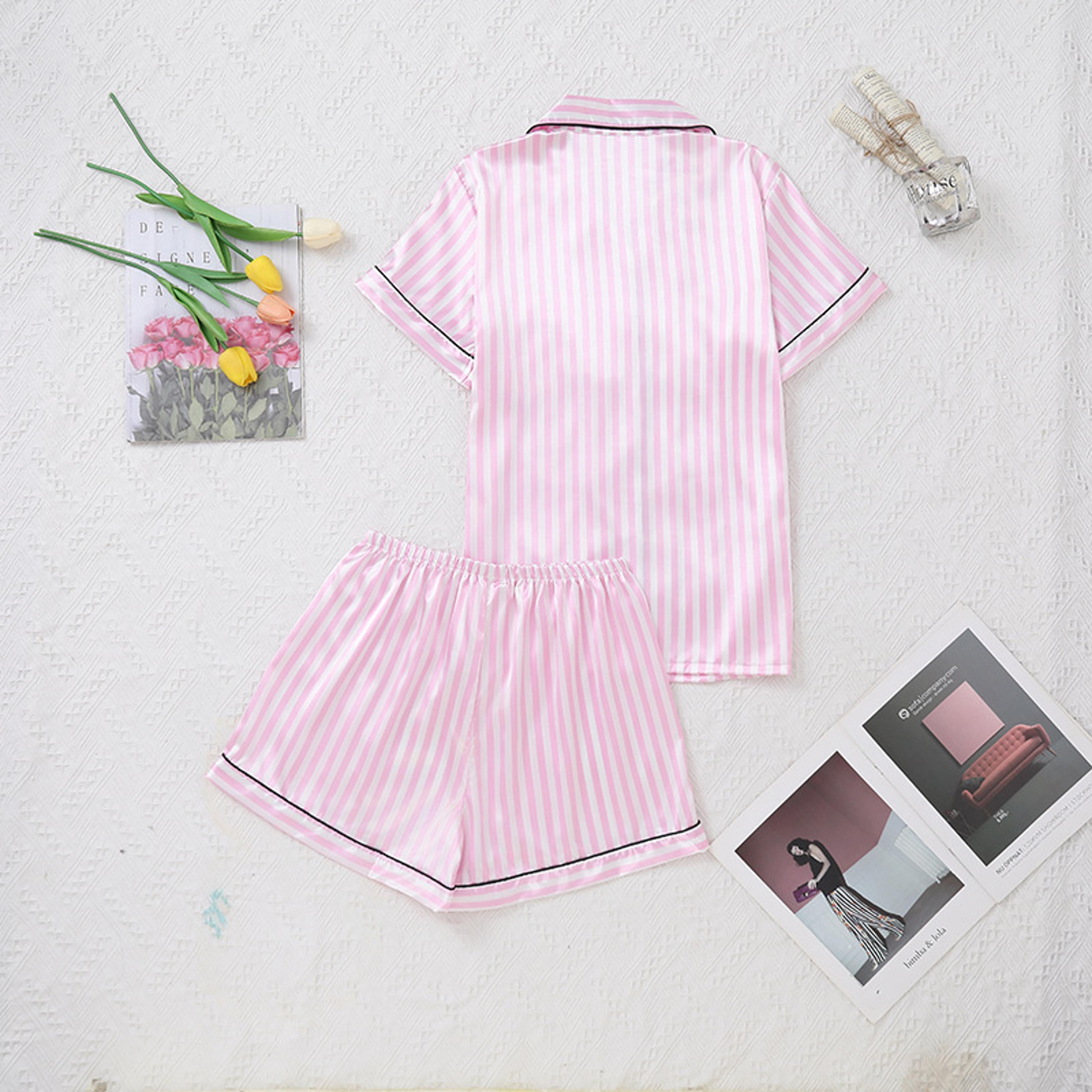 HighGrade Pink Striped Satin Silk Pajamas Women ShortSleeved Vneck Top And Shorts Sleepwear 4