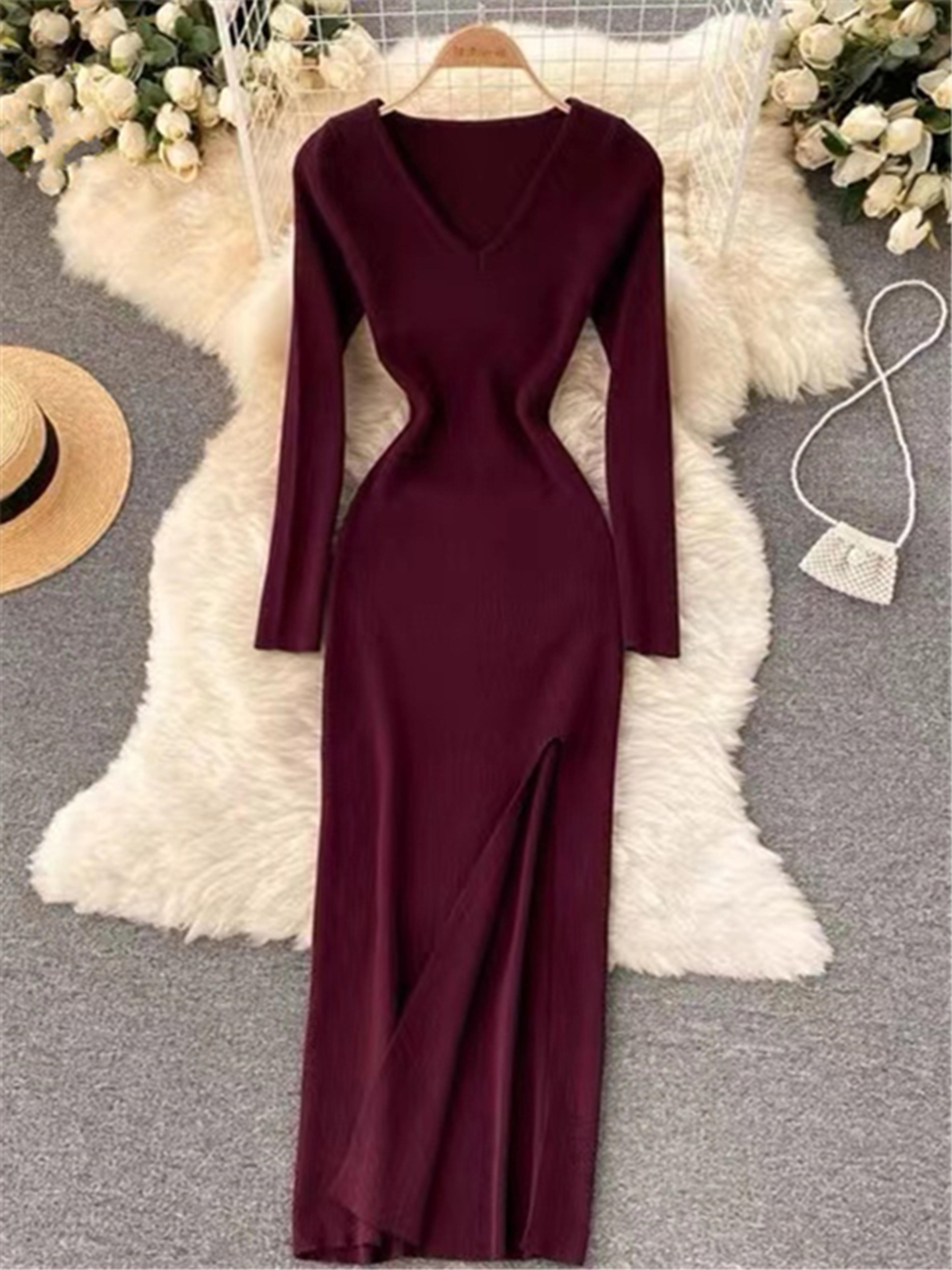 VNeck Slim TightFitting Wrap Dresses Autumn Winter French Slit Womens Sweater Dress 11