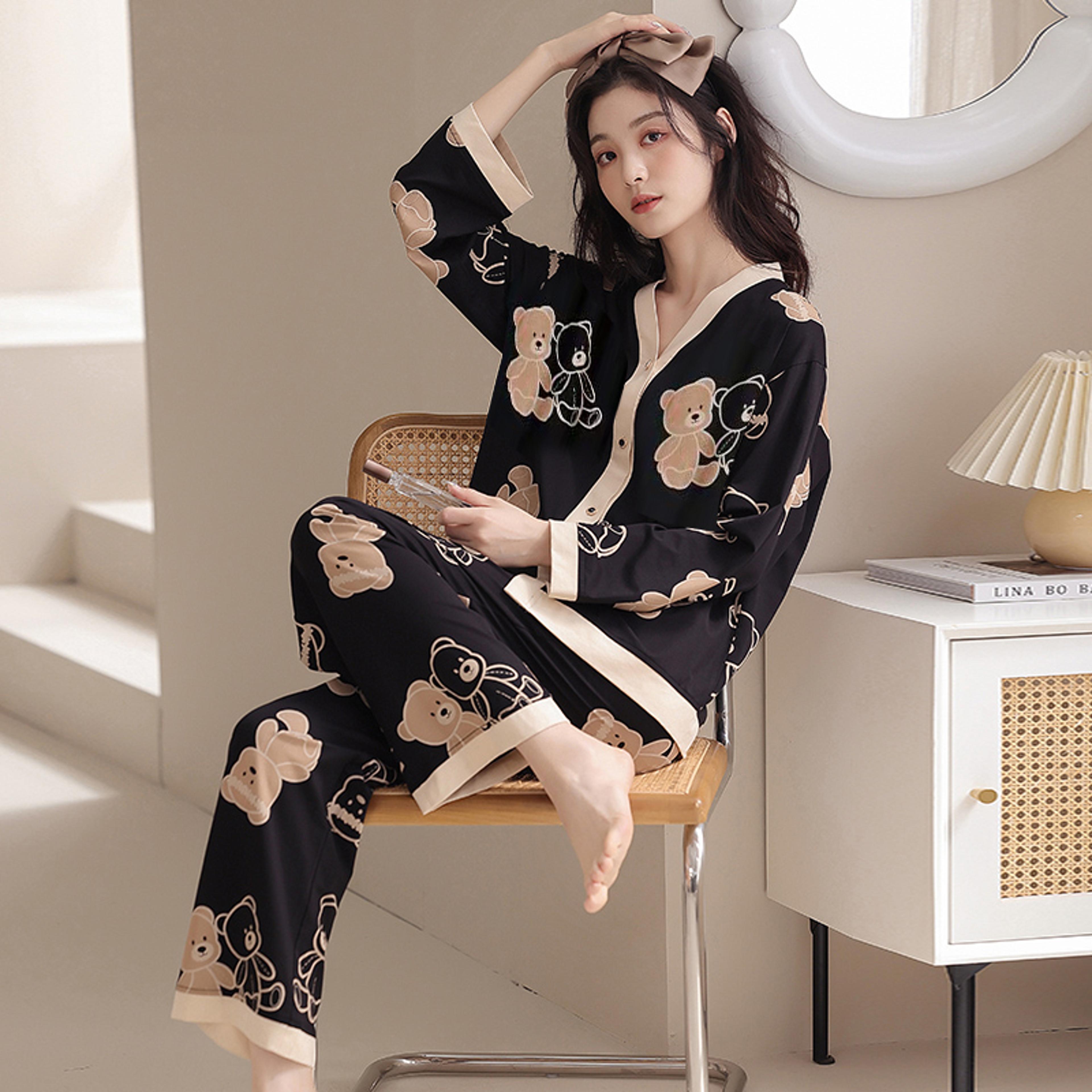 Womens Polyester Pajamas Korean Fresh Ins Style Cartoon Print Lounges Spring Fall Homewear Set 4