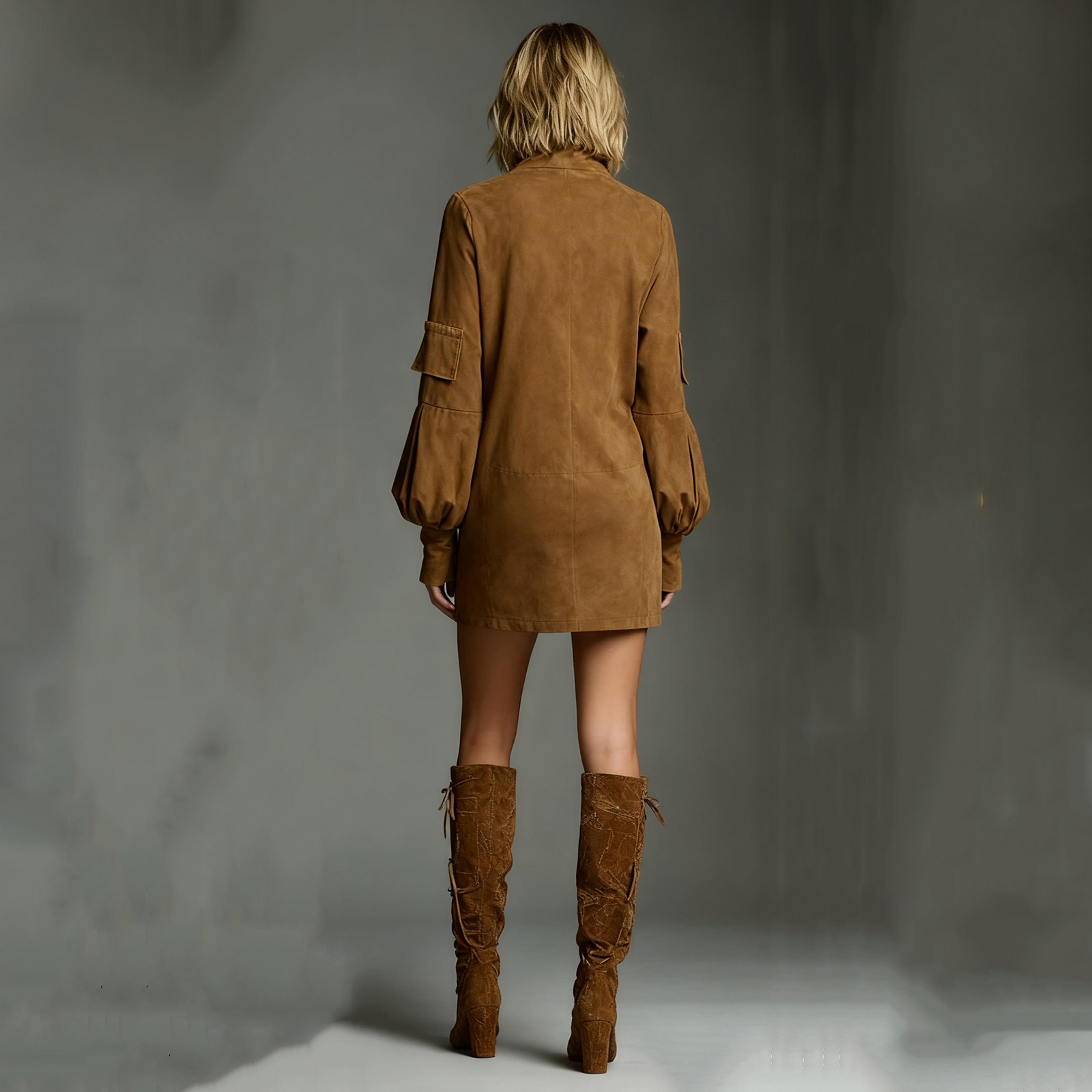 Turtleneck Autumn Retro Solid Suede Mini Dress Slim Woman Pullover Winter Long Sleeve Pockets Femal 3