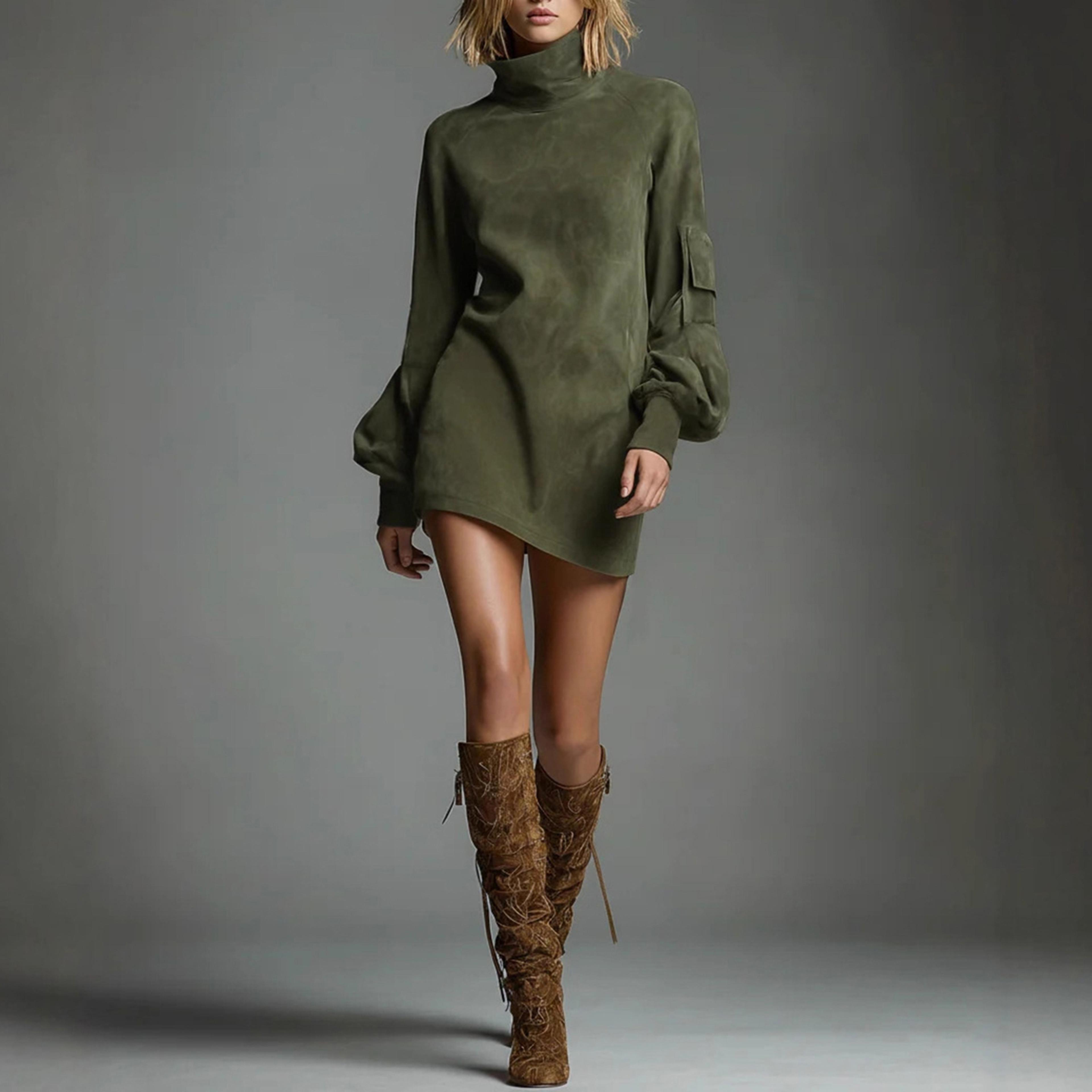 Turtleneck Autumn Retro Solid Suede Mini Dress Slim Woman Pullover Winter Long Sleeve Pockets Femal 5