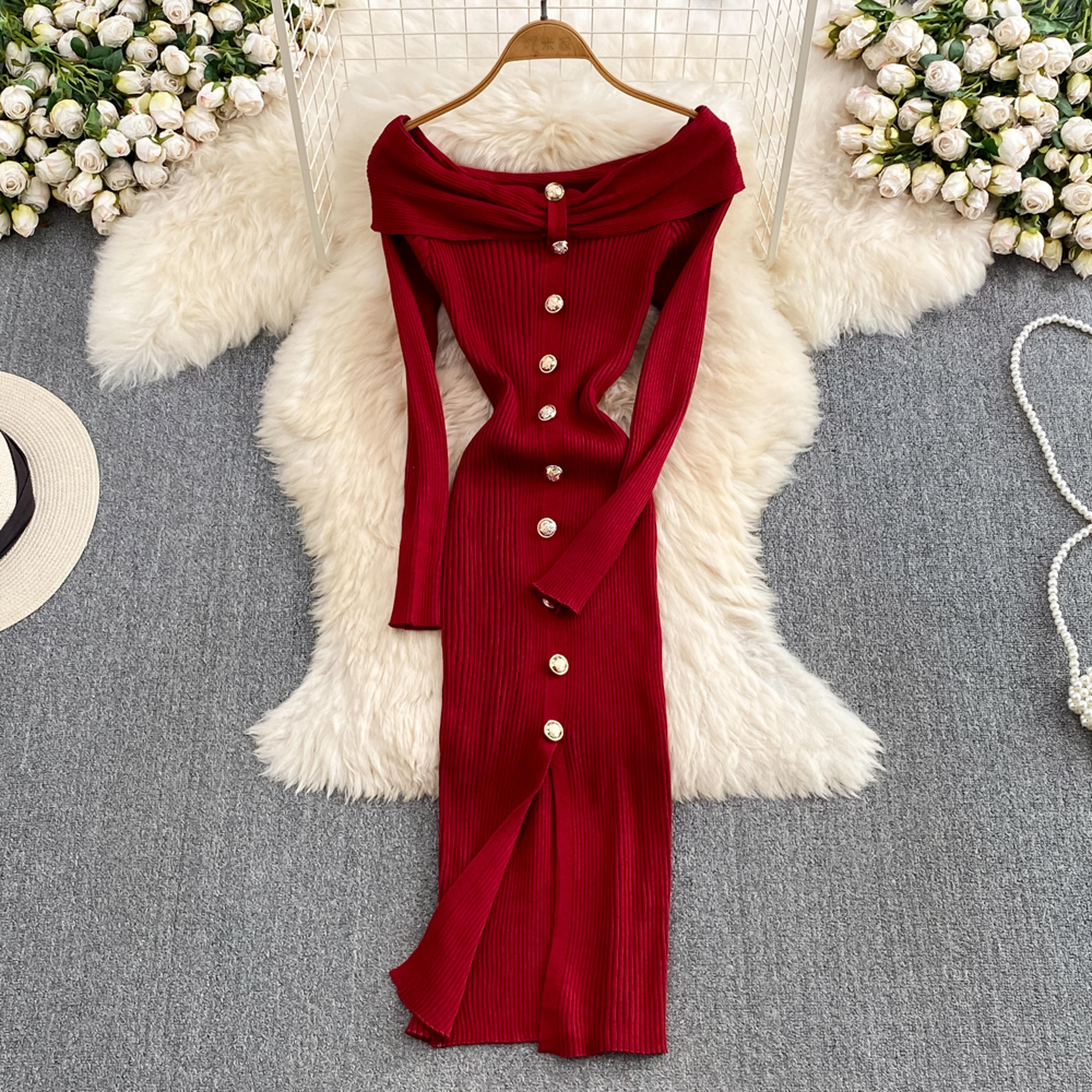 Ins Fashion Women Christmas Red Party Dress High Waist Off Shoulders Long Sleeve Front Split Knitte 1