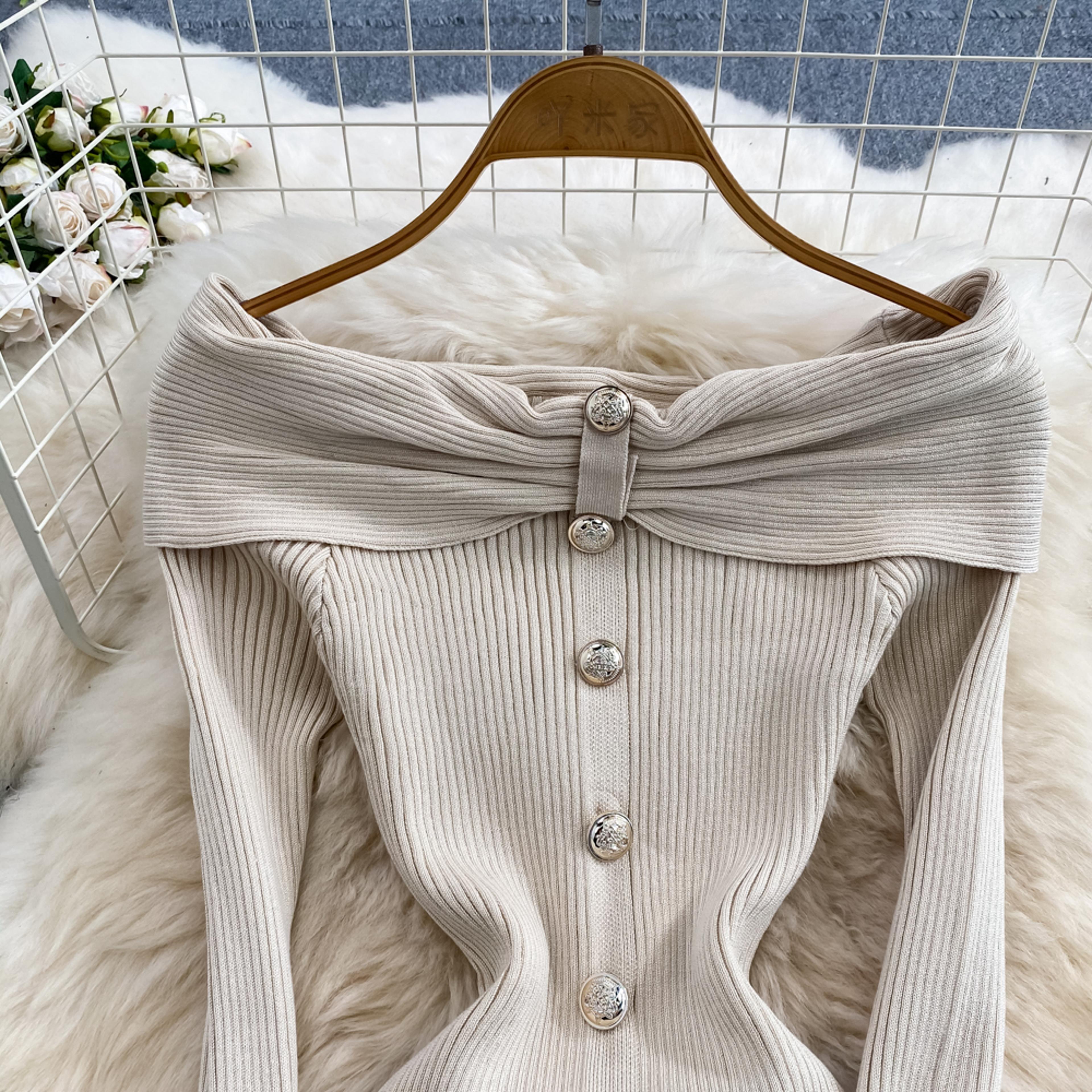 Ins Fashion Women Christmas Red Party Dress High Waist Off Shoulders Long Sleeve Front Split Knitte 4