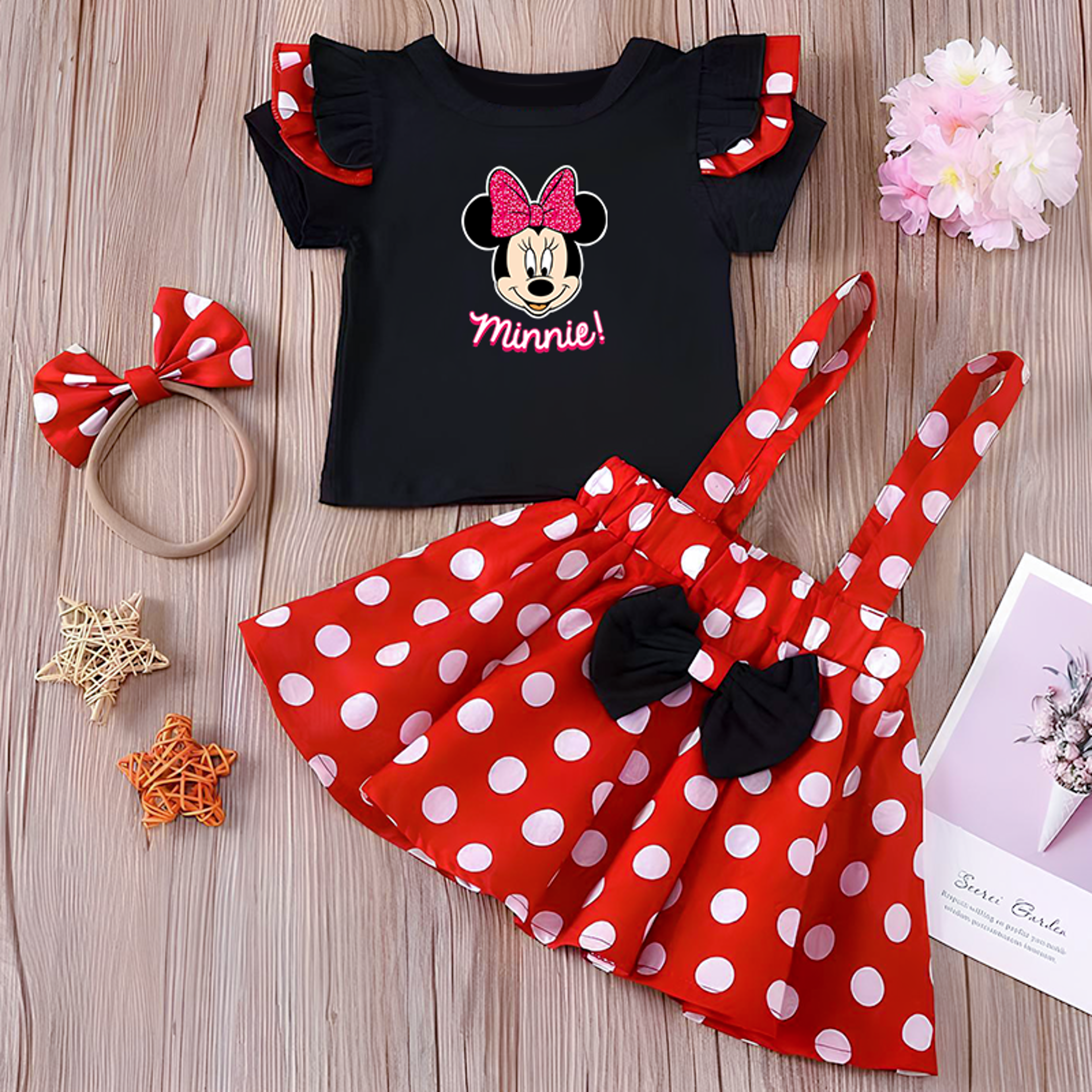 Minnie Mouse Girl Set Summer Birthday Costume Baby Clothing Set With Polka Dot Suspender Skirt And  6